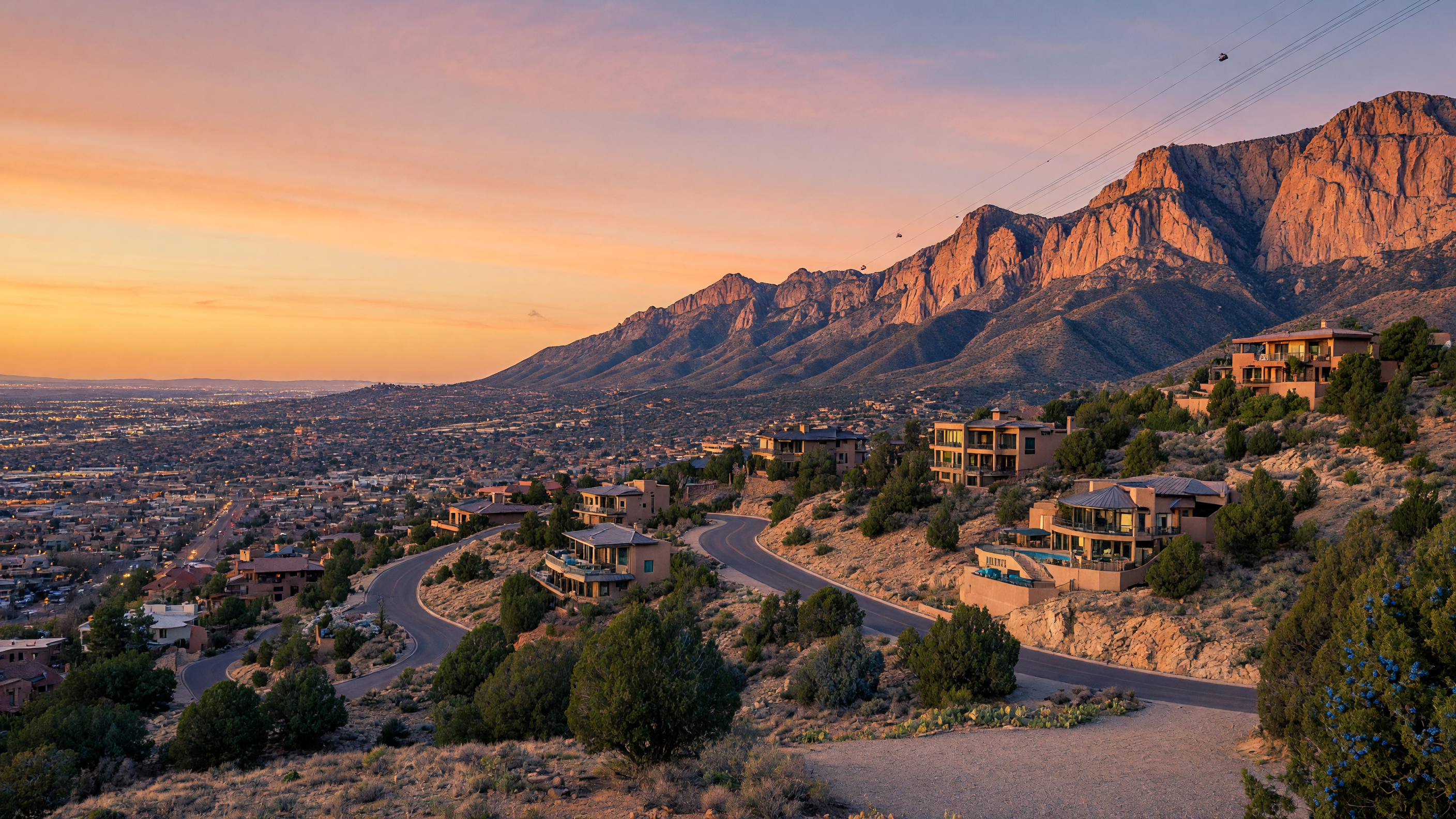 Sandia Mountain foothills at golden hour with luxury homes and the Albuquerque valley below
