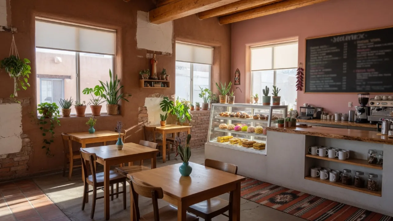 Warm and inviting interior of The Grove Cafe & Market in Albuquerque with natural light, wooden tables, and a community-oriented atmosphere
