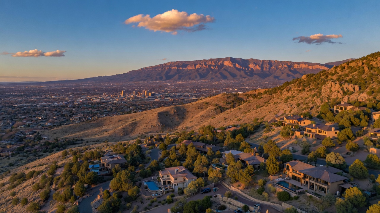Albuquerque metro area homes with Sandia Mountains backdrop at golden hour