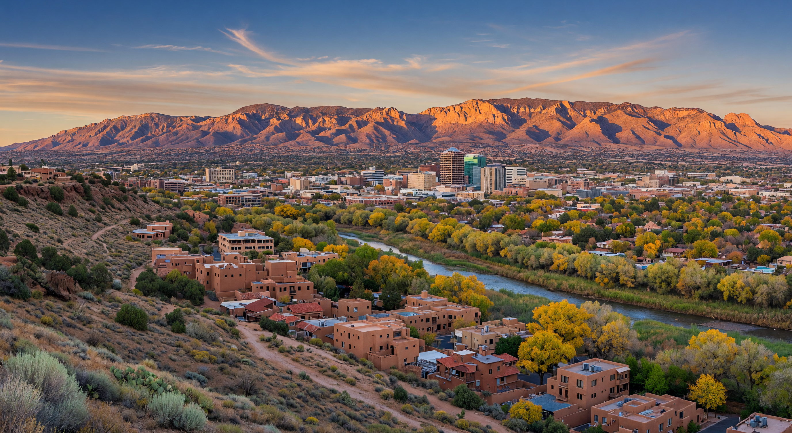 Aerial view of Albuquerque, New Mexico at golden hour
