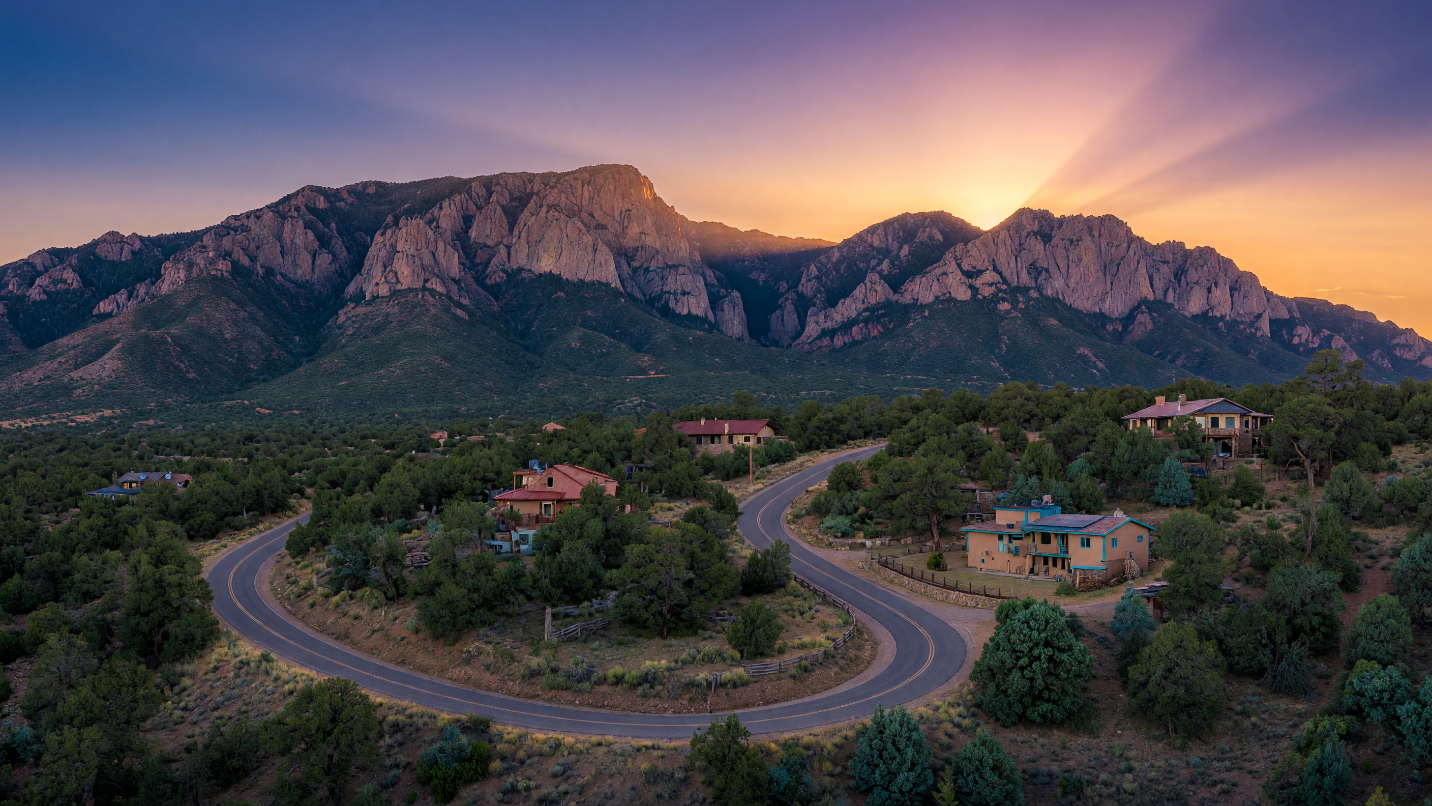 Sandia Mountains and forested foothills near Tijeras and Cedar Crest, New Mexico at sunrise