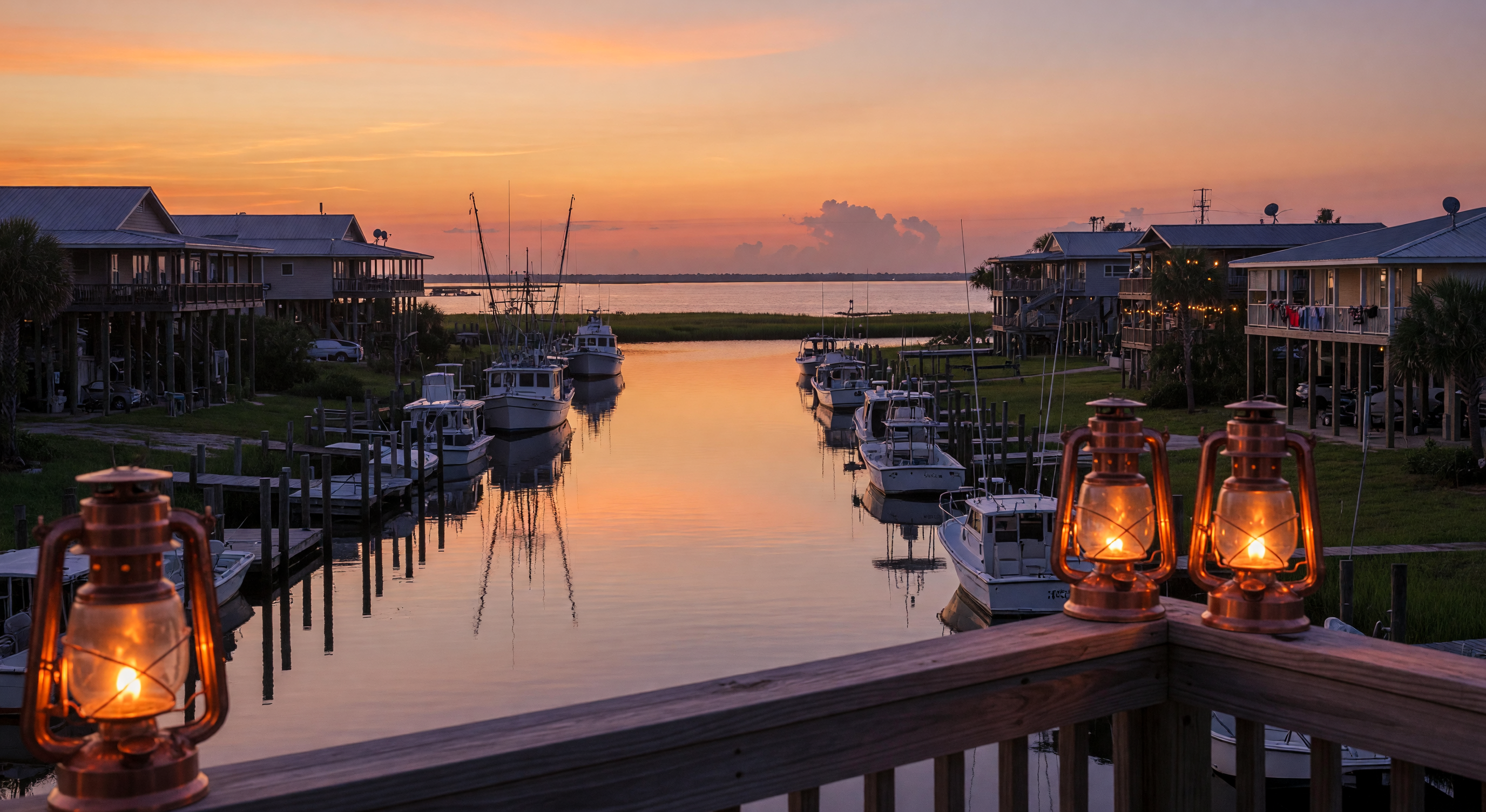 Golden hour over the waterfront canal community
