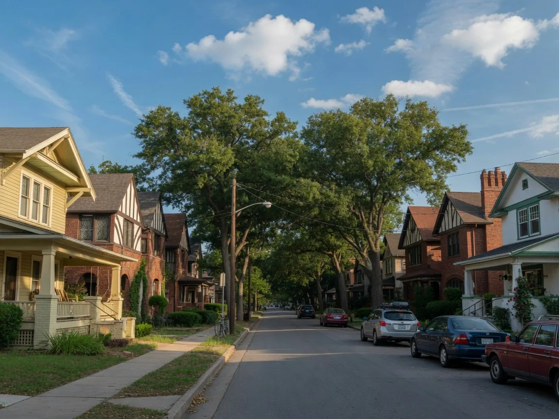 Tree-lined residential street in the M Streets neighborhood of East Dallas with historic Craftsman and Tudor homes