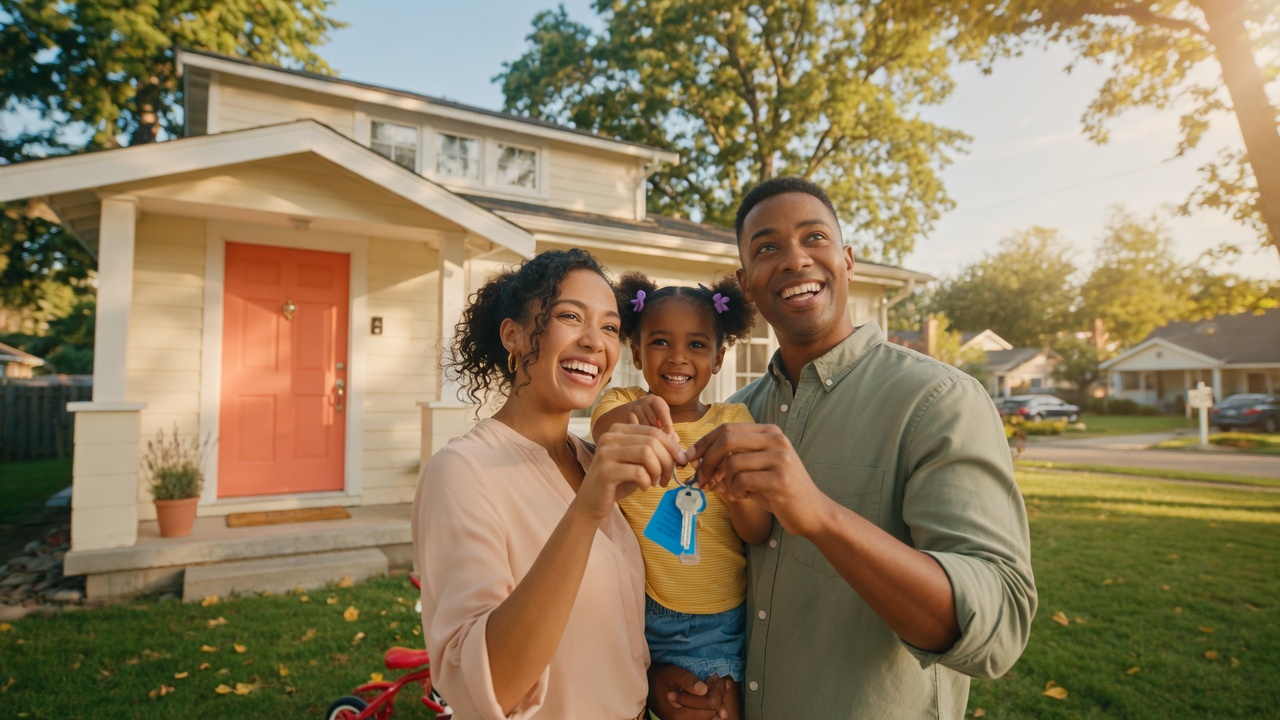 Young family standing in front of their new home, holding house keys together