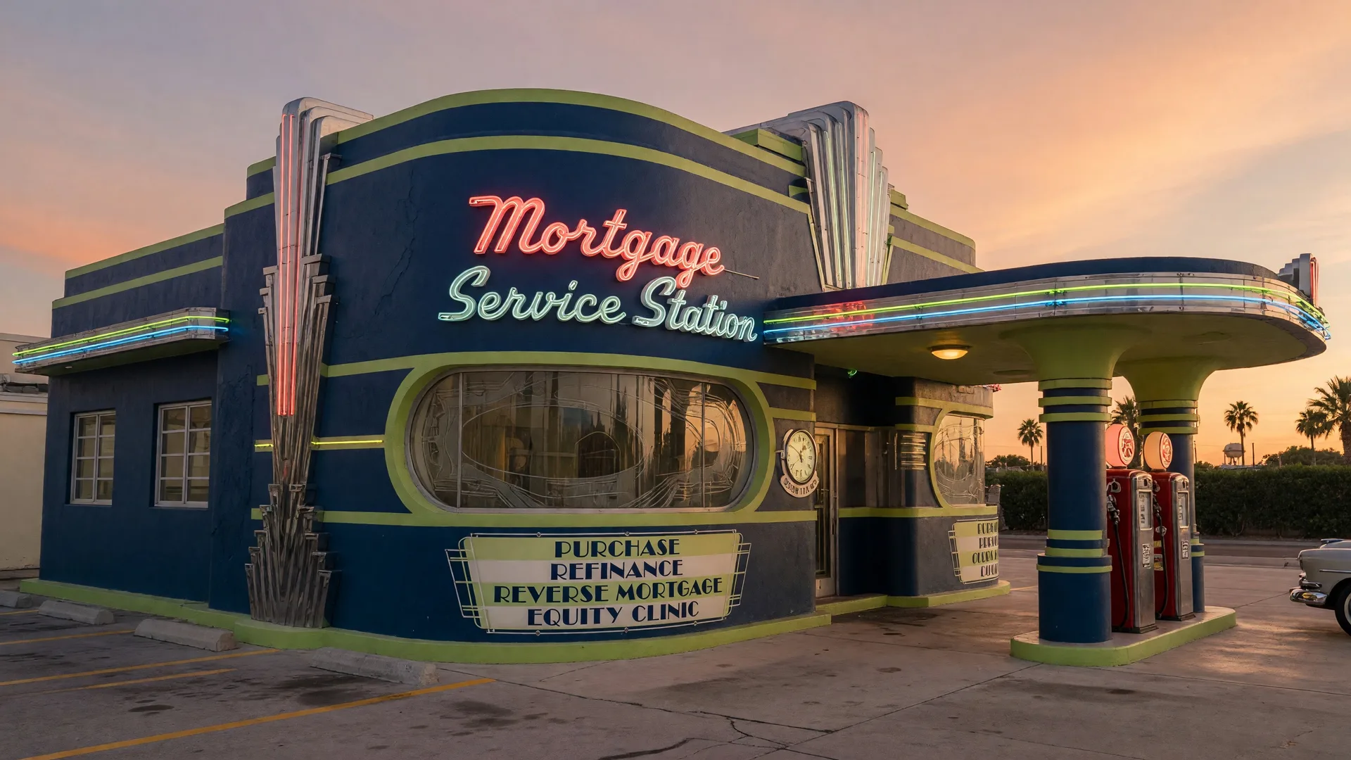 Vintage art deco service station in navy blue and lime green with neon signage reading Mortgage Service Station