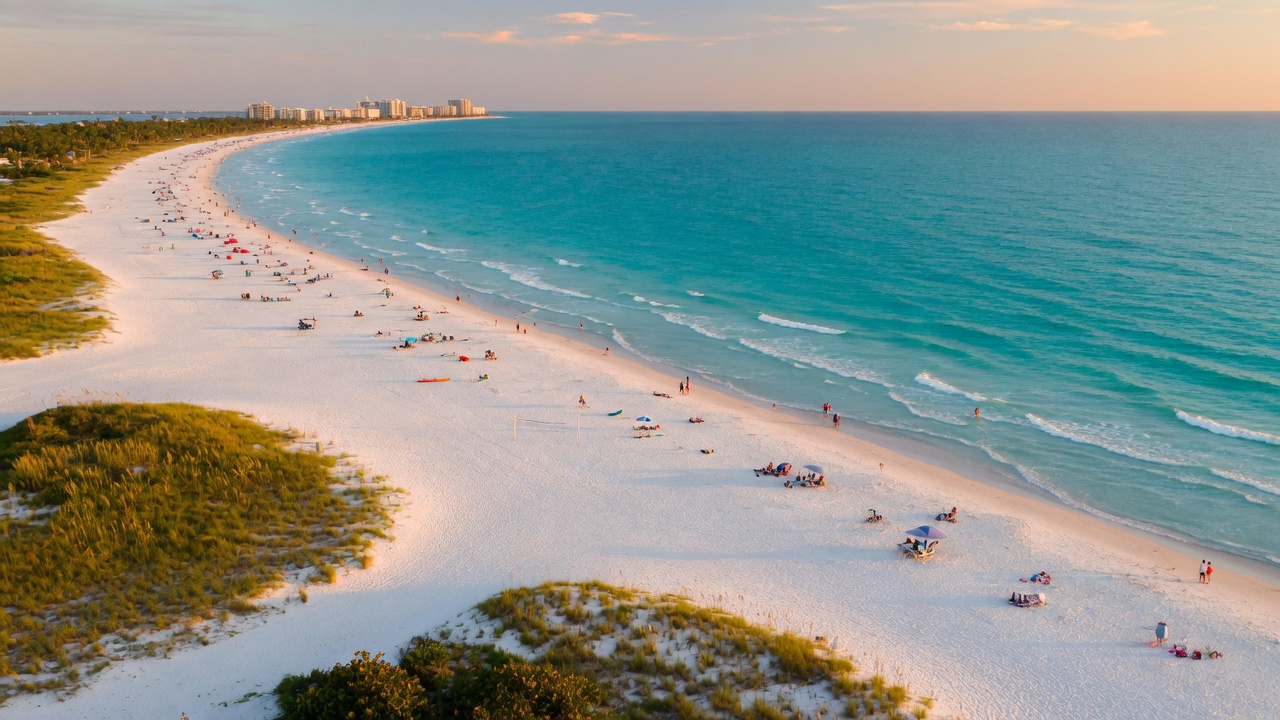 Family walking along a beautiful beach on the Gulf Coast of Florida
