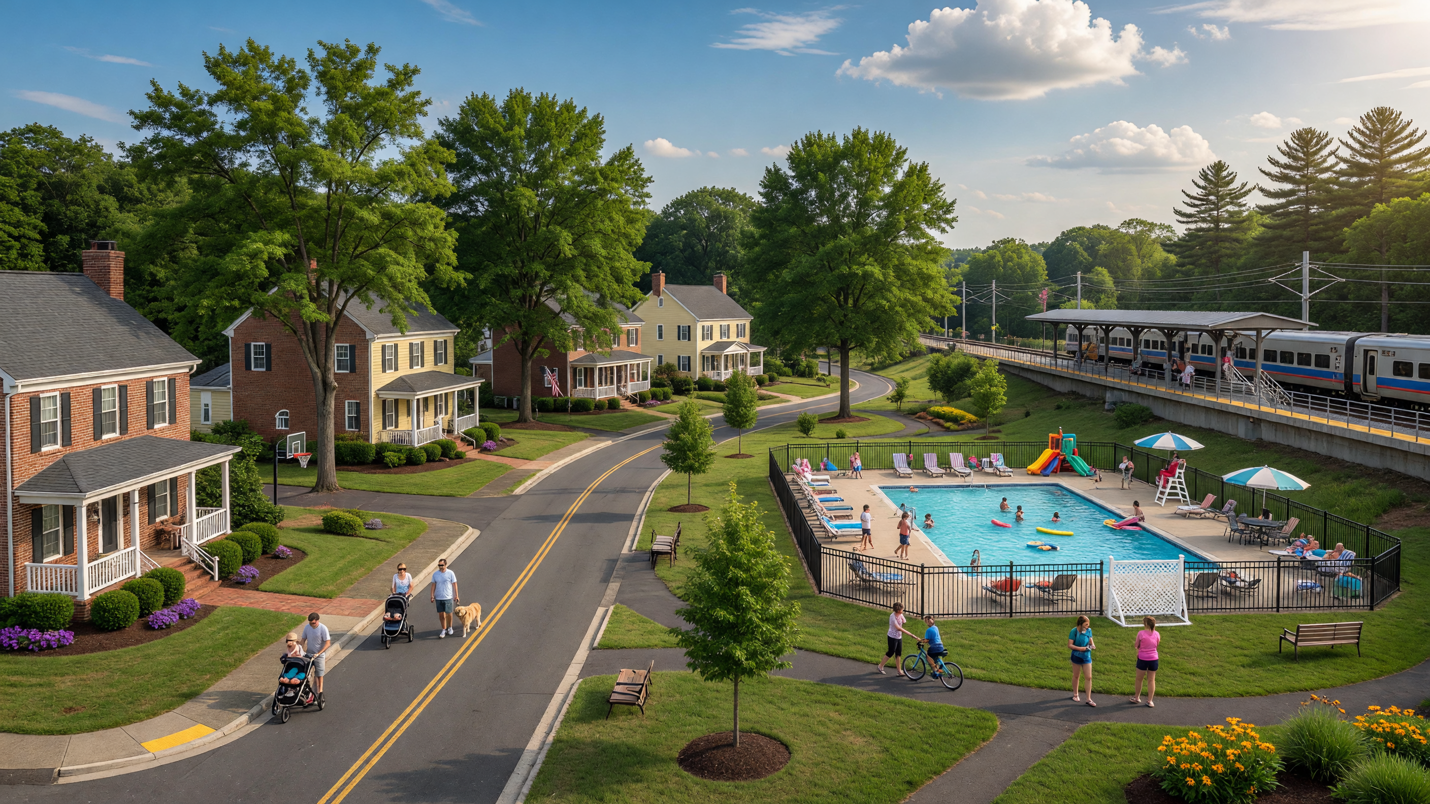 Leeland Station planned community in Stafford Virginia — colonial-style single-family homes on quarter-acre lots, community pool, walking trails, and VRE commuter rail station