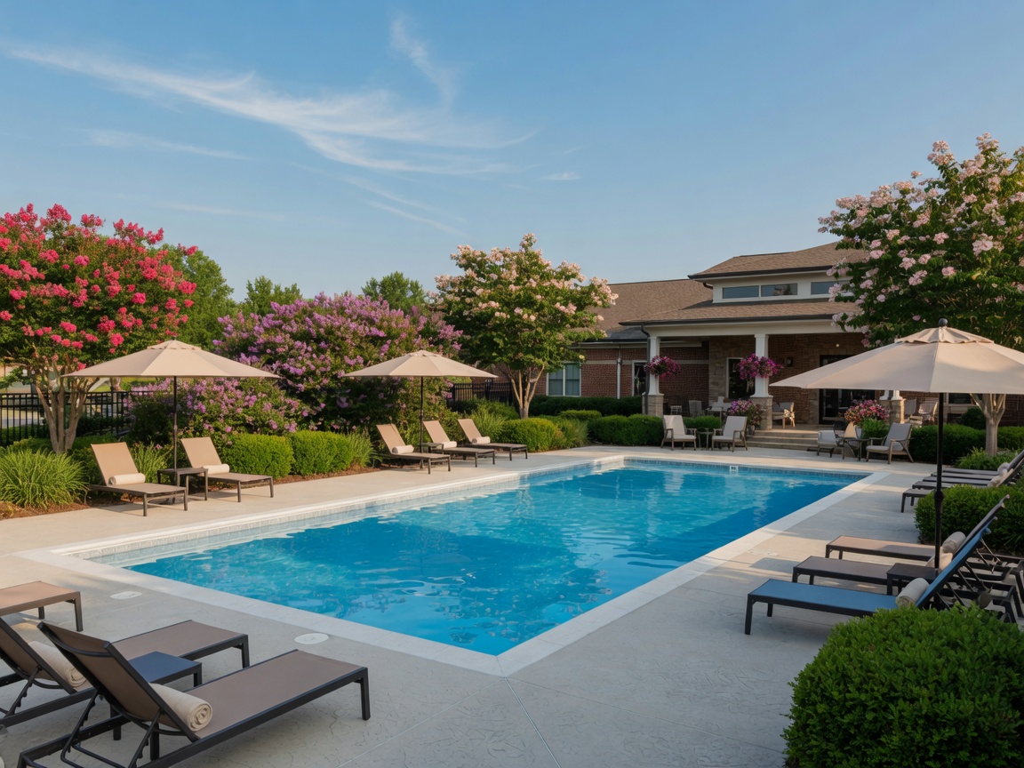 Resort-style outdoor pool at Falls Run Stafford Virginia — lounge chairs with umbrellas, sparkling water, mature landscaping in an established Del Webb 55+ active adult community