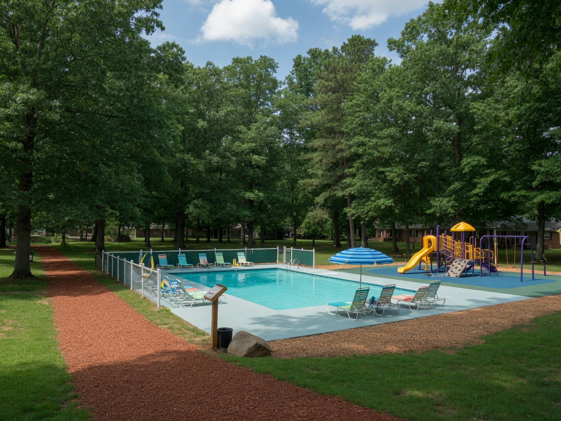 Woodstream Stafford Virginia community pool, playgrounds, and walking trails set within a wooded natural landscape