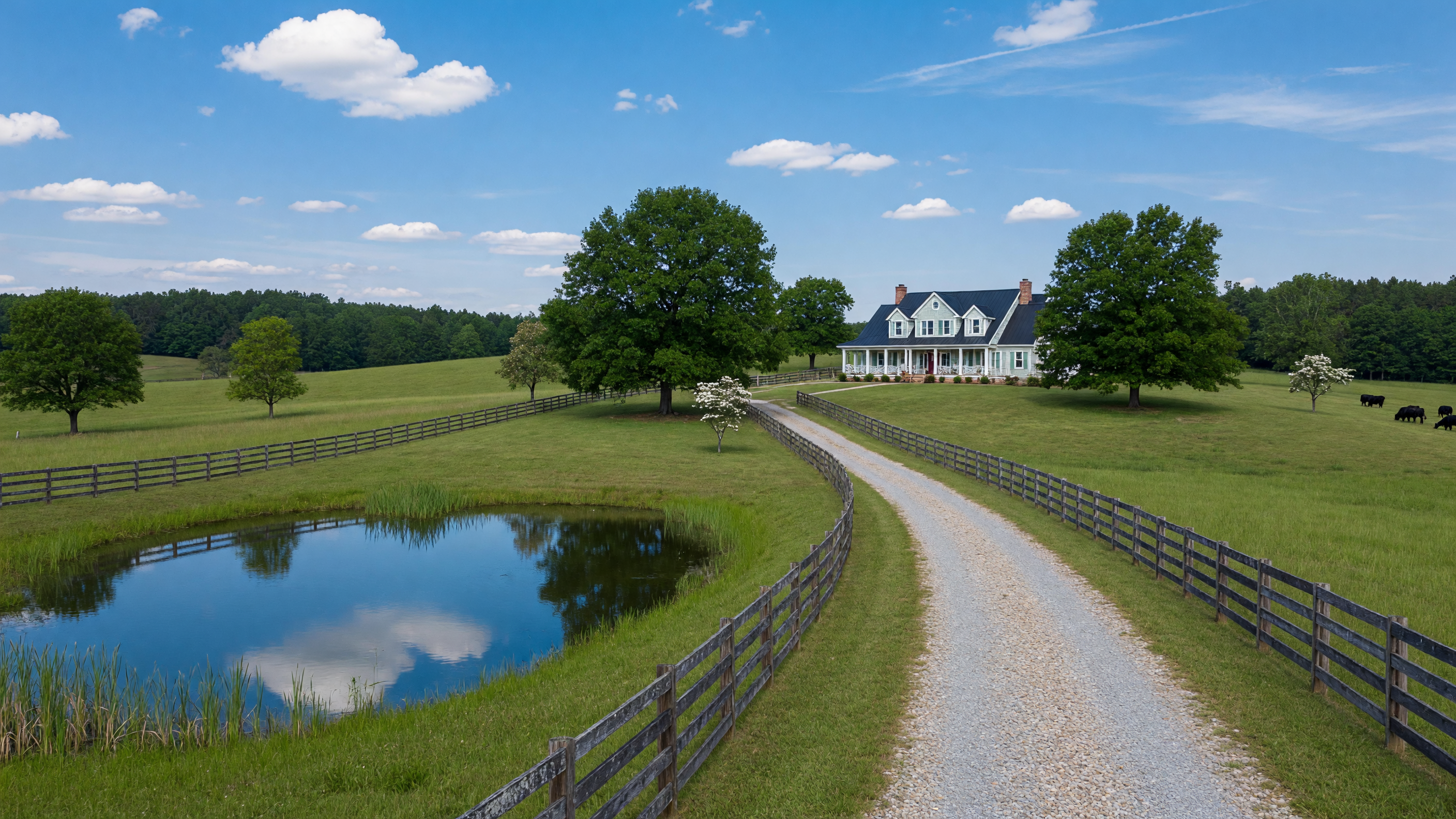 Charming farmhouse-style home on rolling Virginia acreage with pond and split-rail fencing