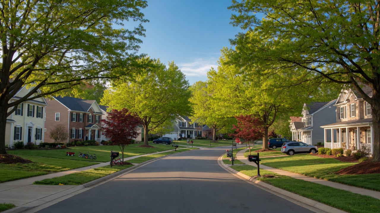 Suburban neighborhood in Prince William County VA with tree-lined streets and family homes