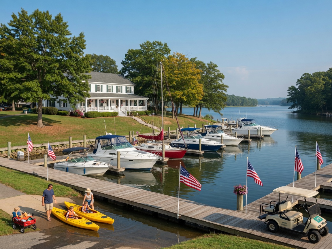 Aquia Harbour marina in Stafford Virginia — boat docks, pleasure boats, the community clubhouse, families launching kayaks, peaceful resort atmosphere