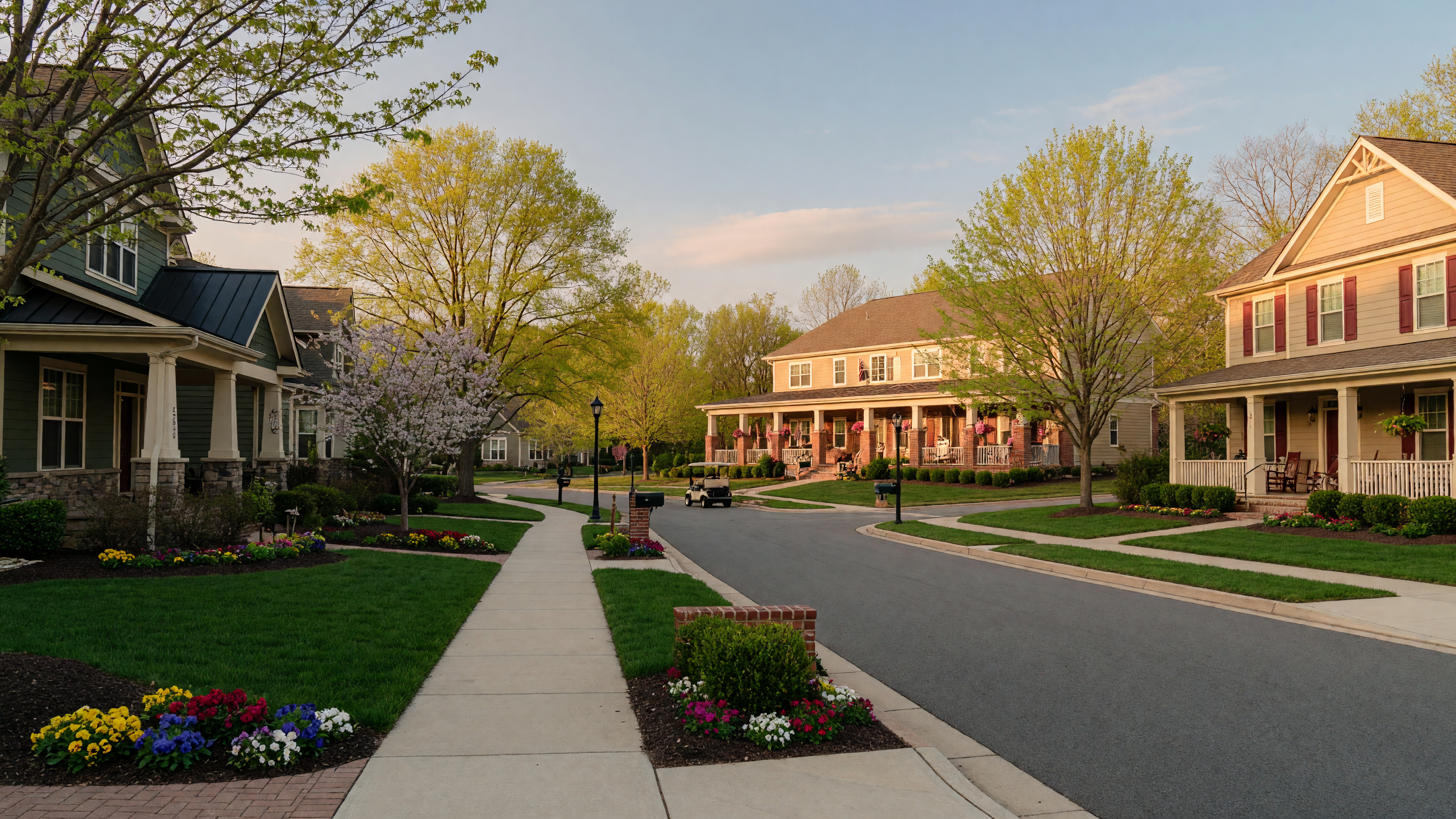 Falls Run gated 55+ active adult community in Stafford County Virginia — single-level craftsman-style homes with manicured lawns, mature trees, wide sidewalks, and a peaceful resort-like retirement setting