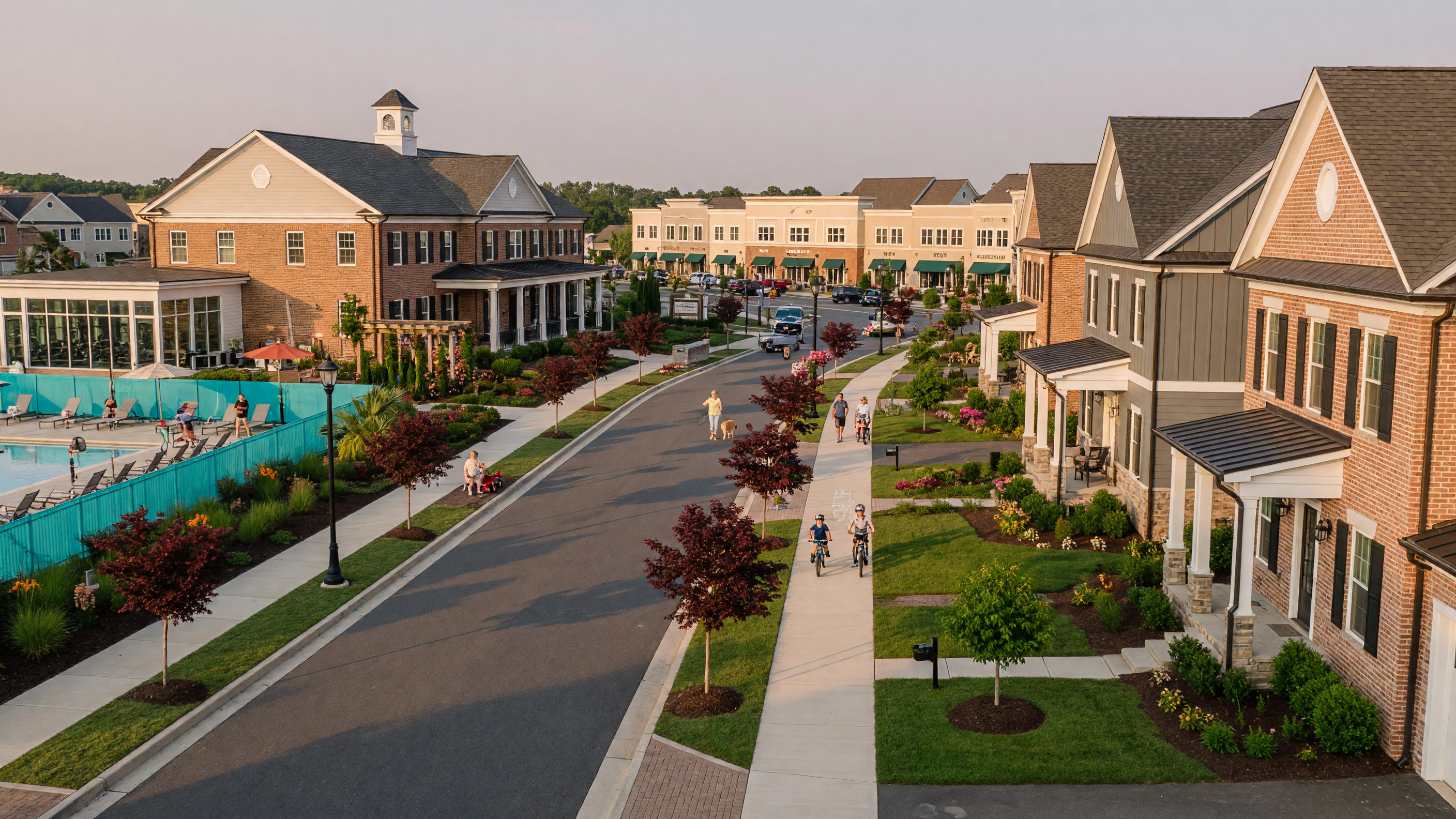 The Preserve at Smith Run neighborhood in Fredericksburg Virginia — colonial and craftsman homes, tree-lined sidewalks, clubhouse with pool and fitness center, walkable to nearby shops and restaurants