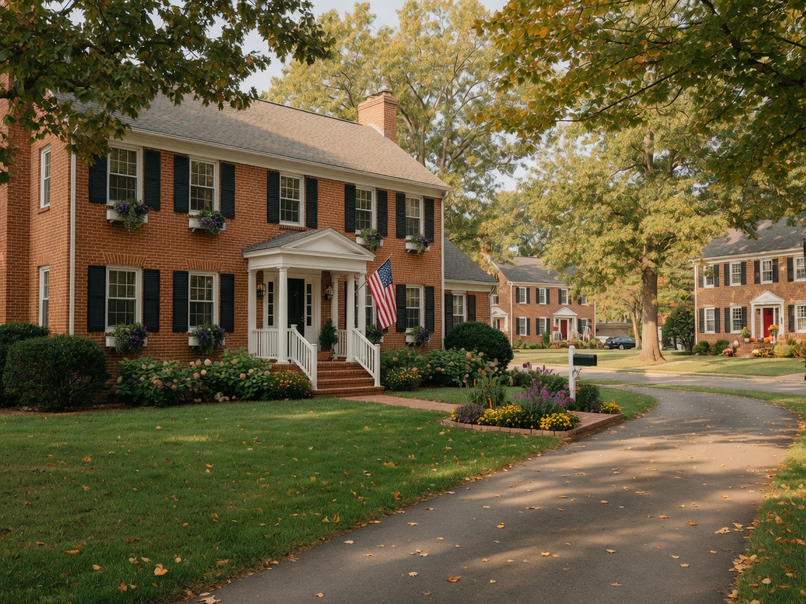 Classic colonial brick home with white columns and black shutters in Stowe of Amyclae Stafford Virginia — mature landscaping and peaceful residential street
