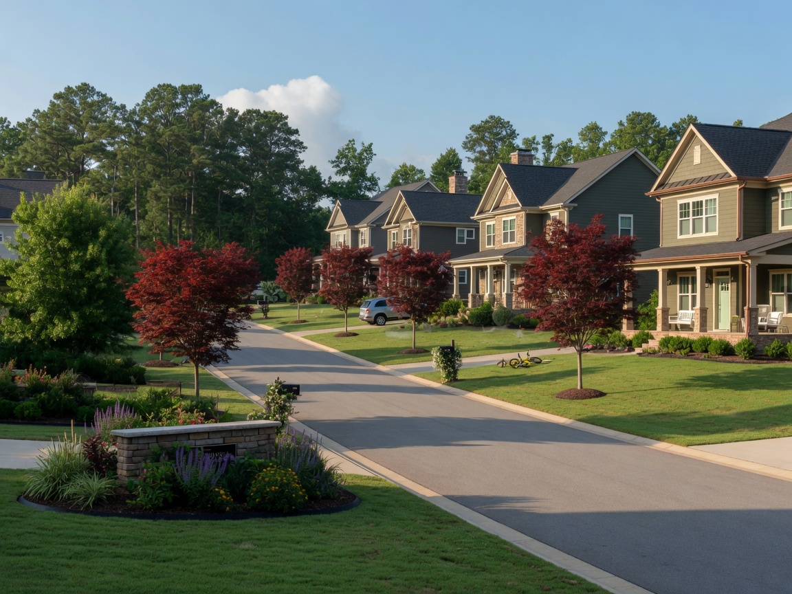 Woodbury Manor Spotsylvania Virginia — tree-lined streets, modern craftsman-style homes, and spacious manicured lawns in a quiet country setting