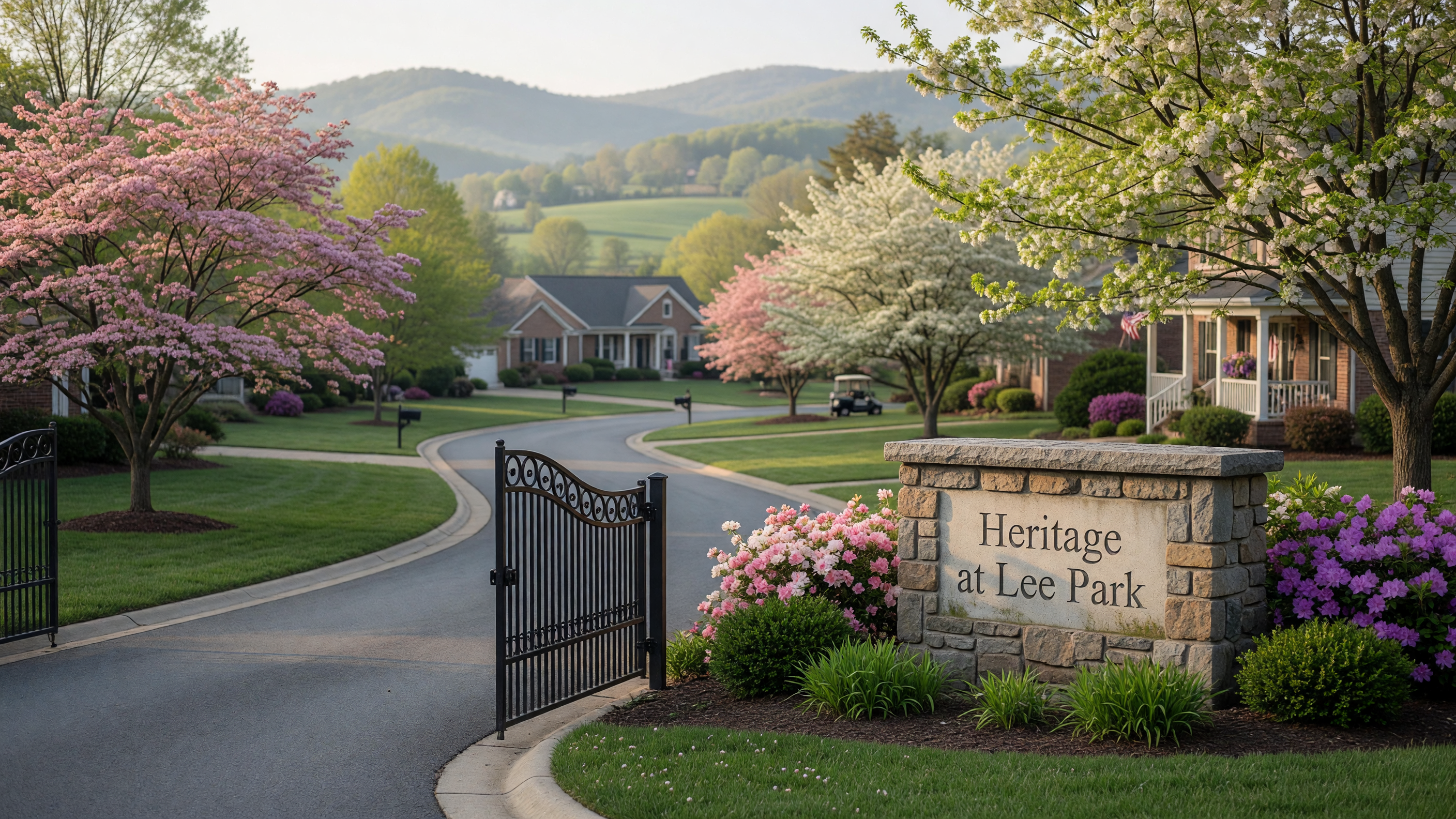 Virginia Heritage At Lees Park gated 55+ active adult community entrance in Fredericksburg Virginia — manicured landscaping, stone entry, and single-level homes on rolling Virginia piedmont hills