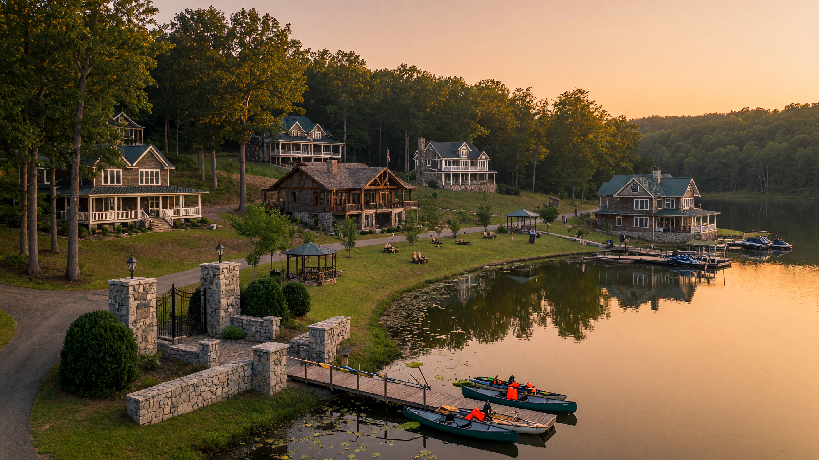 Fortune's Landing neighborhood in Spotsylvania County Virginia — exclusive 315-acre estate community on the Ni River Reservoir with custom homes on 3–18 acre lots, waterfront park, trails, fishing, and kayaking