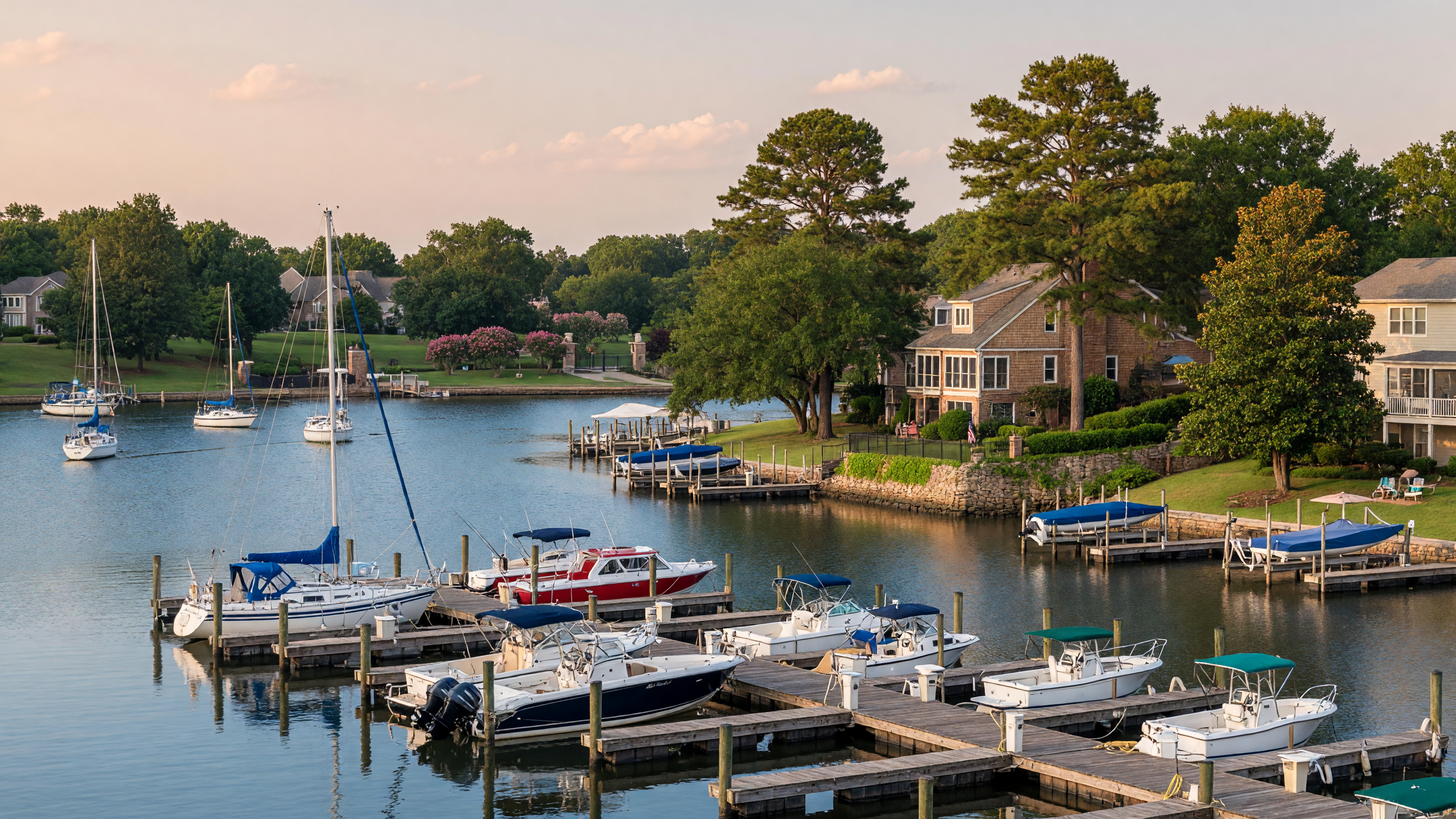 Aquia Harbour gated waterfront community in Stafford Virginia — private marina, boats docked along piers, waterfront homes with mature trees, calm blue water of Aquia Creek