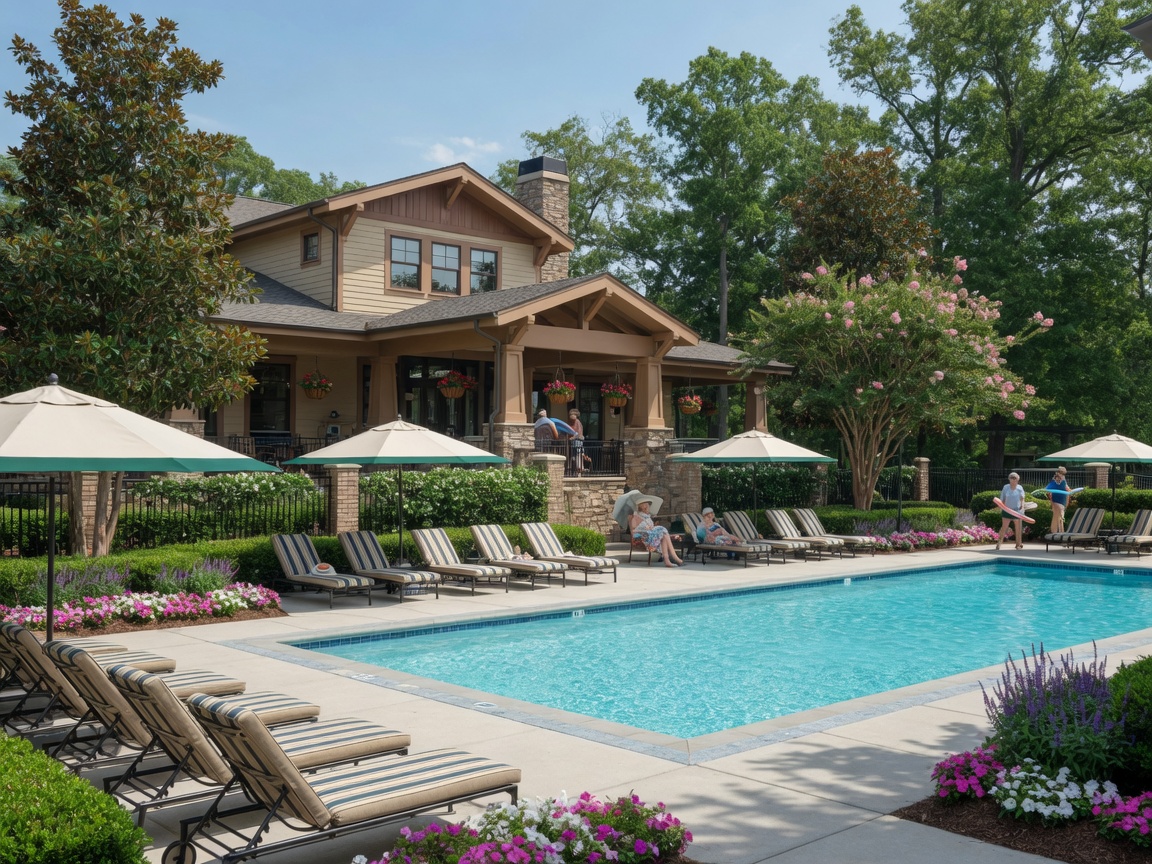 Resort-style outdoor pool at Celebrate Virginia North Del Webb Stafford Virginia — lounge chairs with umbrellas, sparkling water, clubhouse in background, 55+ active adult community