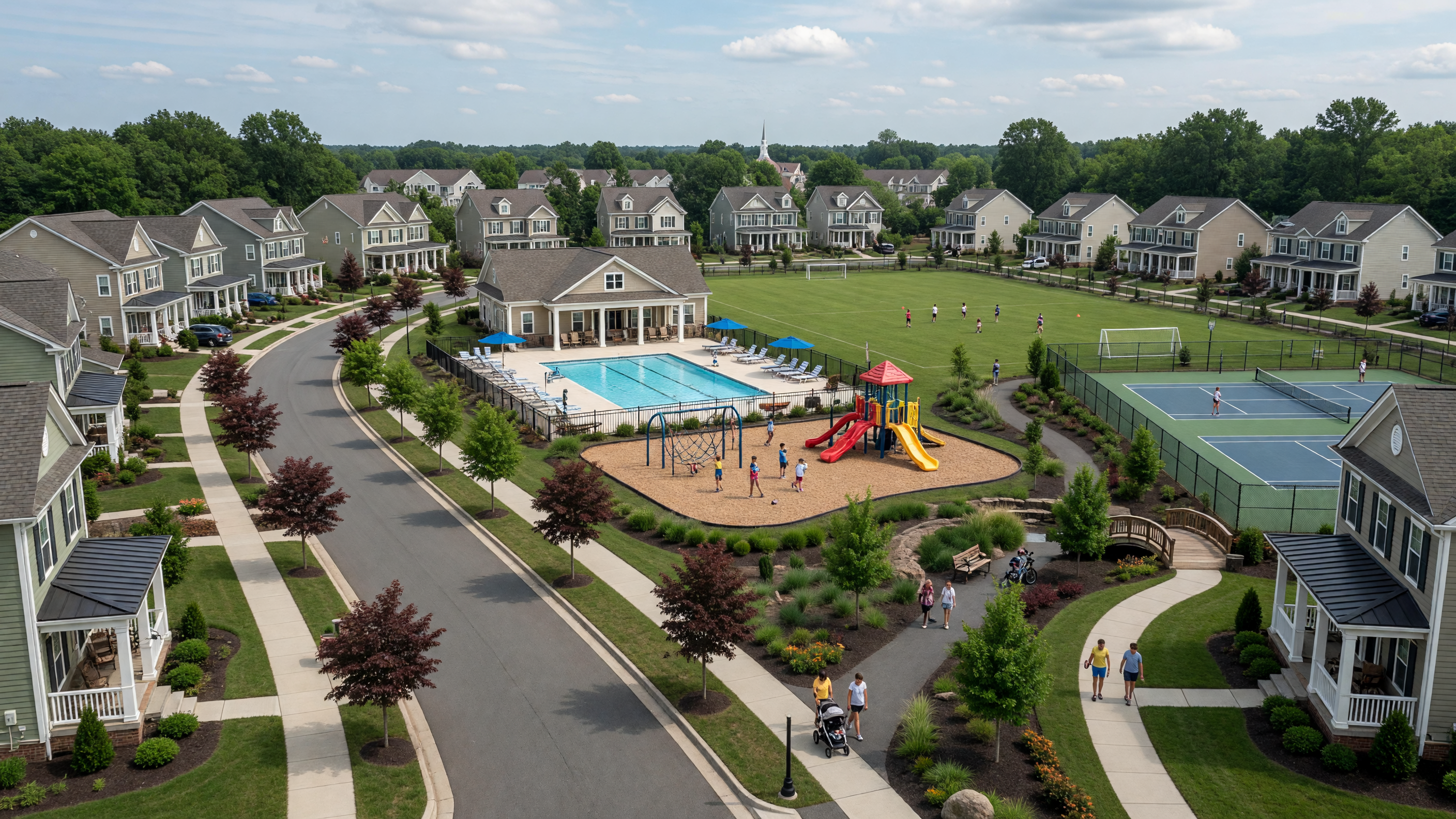 Courthouse Commons neighborhood in Spotsylvania County Virginia — craftsman single-family homes and townhomes, community pool, clubhouse, playground, soccer field, and walking trails near the Spotsylvania Courthouse