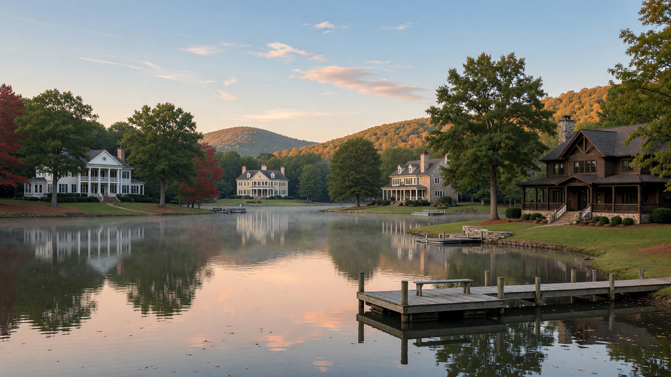 Seven Lakes luxury community in Stafford Virginia — serene lake with custom estate homes on expansive wooded lots, golden hour light reflecting off calm water, peaceful exclusive neighborhood
