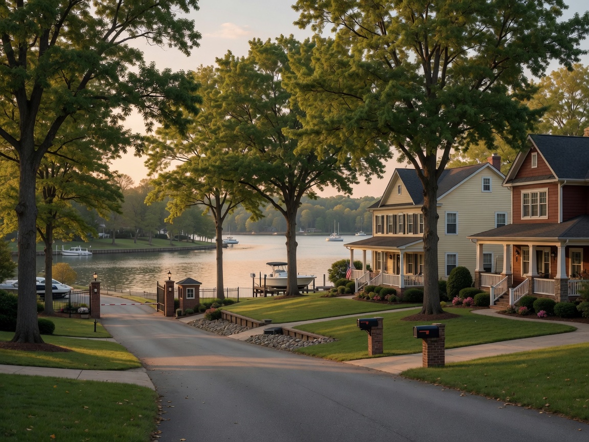 Aquia Harbour Stafford Virginia — elegant waterfront homes on large wooded lots with private docks, mature trees, and the marina visible beyond