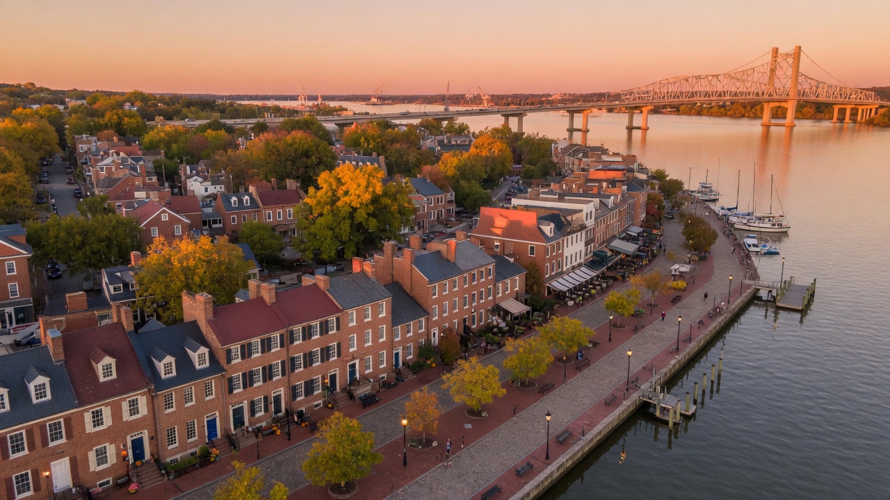 Scenic waterfront view of Old Town Alexandria VA along the Potomac River