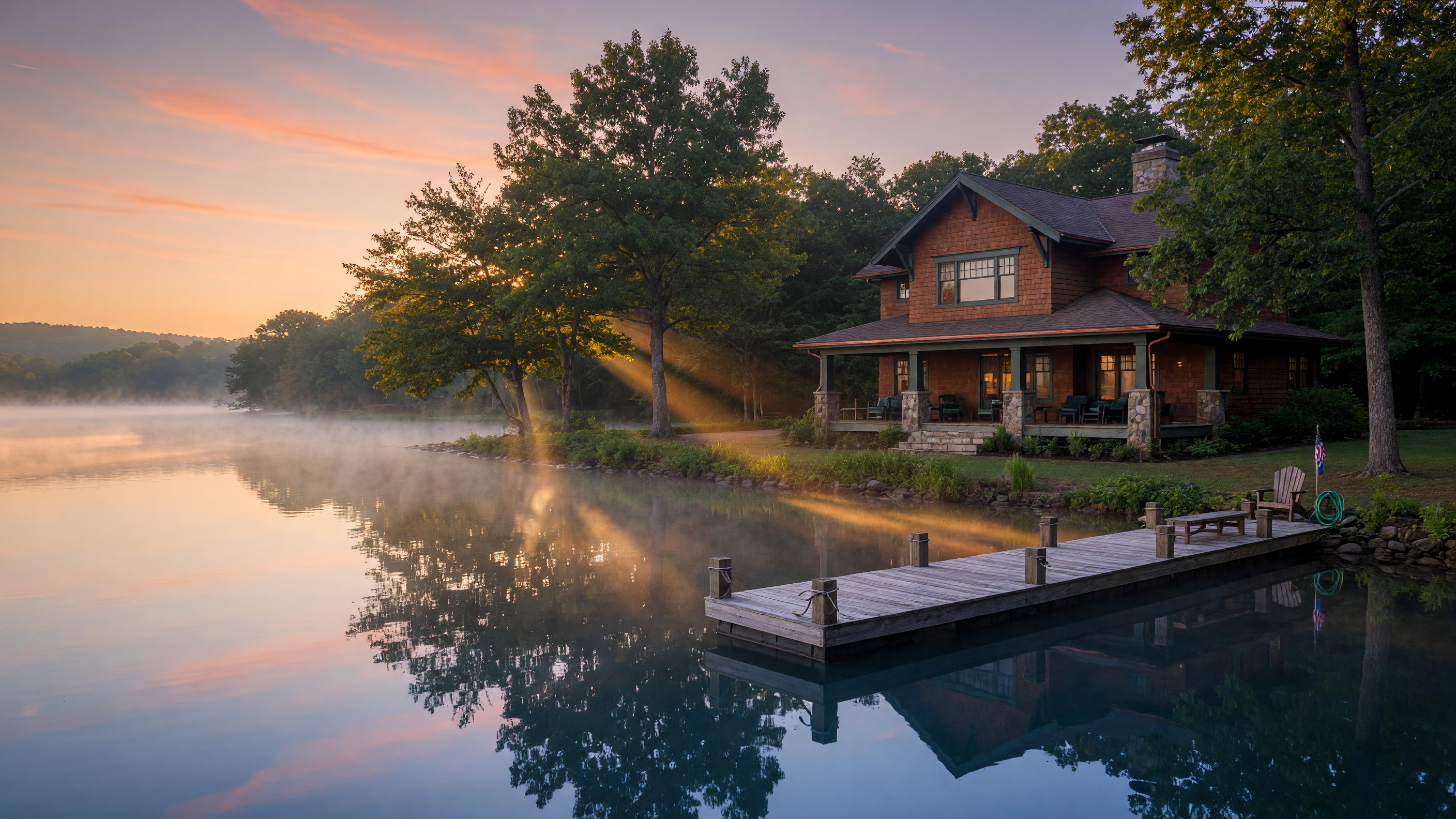 Serene lakefront home with private dock at sunrise in Virginia