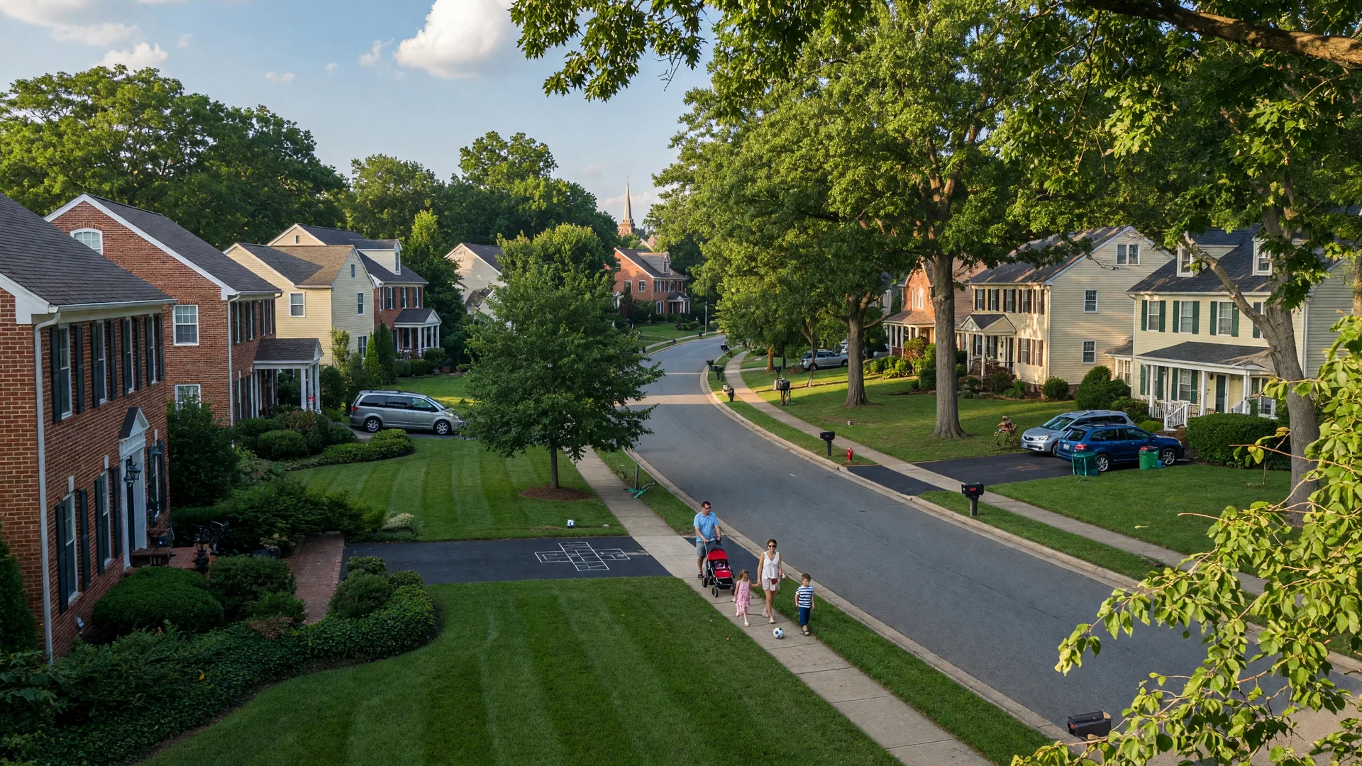 Tree-lined suburban neighborhood in Fairfax County Virginia with single-family homes