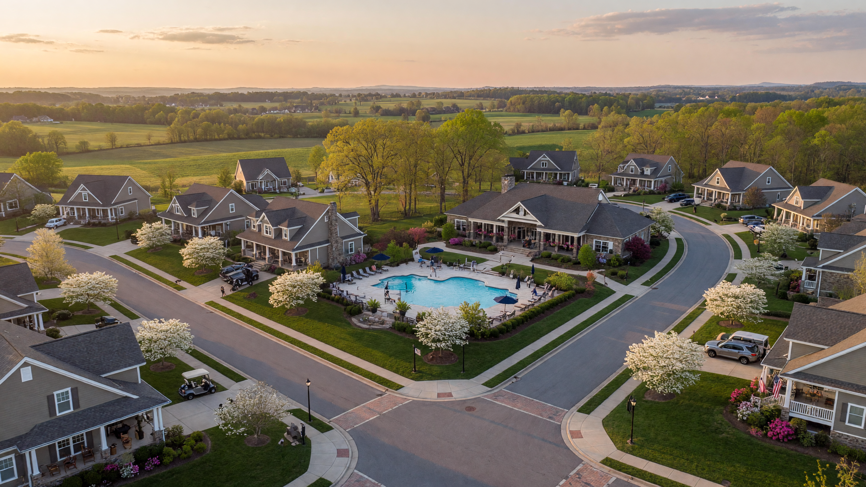 Barley Woods 55+ active adult community in Fredericksburg Virginia — single-level craftsman-style homes with manicured lawns, curved streets, clubhouse and pool, mature landscaping in a boutique Cornerstone Homes neighborhood