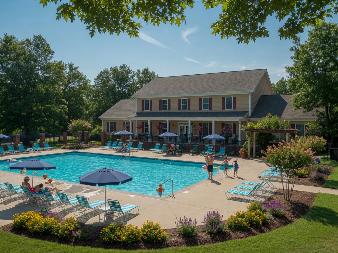 Resort-style community pool and clubhouse at Lee's Parke in Spotsylvania County, Virginia — sparkling pool, lounge chairs, and clubhouse architecture in a master-planned community