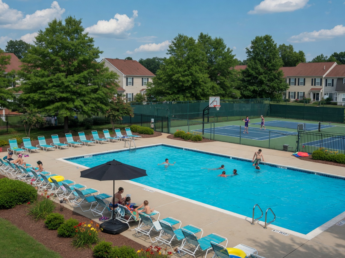 Potomac Hills Stafford Virginia community swimming pool, basketball court, and recreational amenities in a well-maintained townhome neighborhood