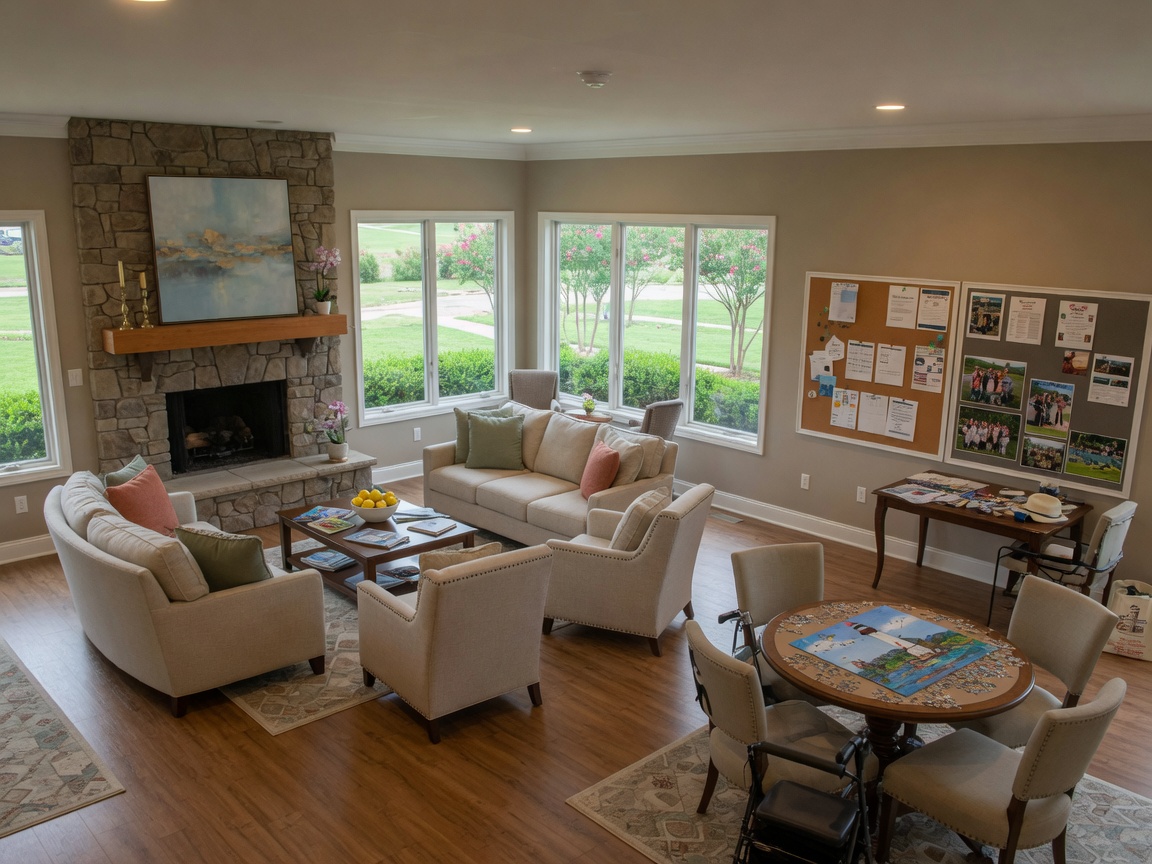 Clubhouse interior at Falls Run Stafford Virginia — bright great room with comfortable seating, natural light, and activity boards in an established Del Webb 55+ active adult community