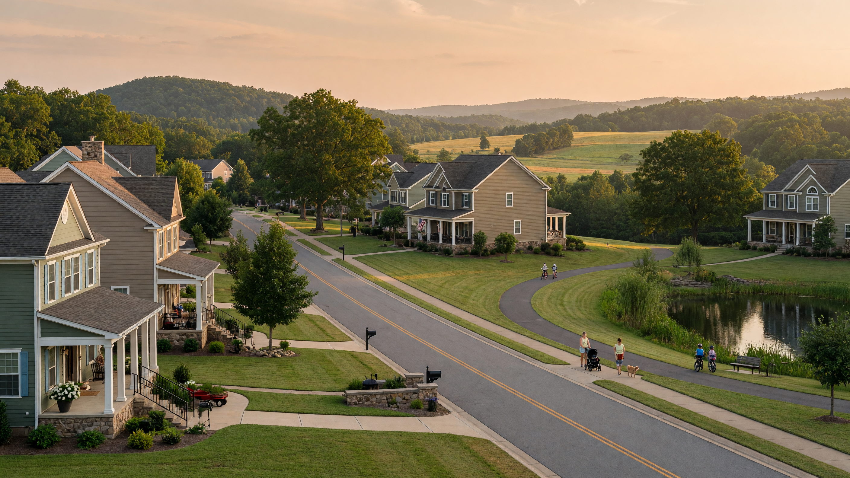 Embrey Mill master-planned community in Stafford Virginia — resort-style amenities, craftsman homes, tree-lined streets, and rolling Virginia piedmont landscape