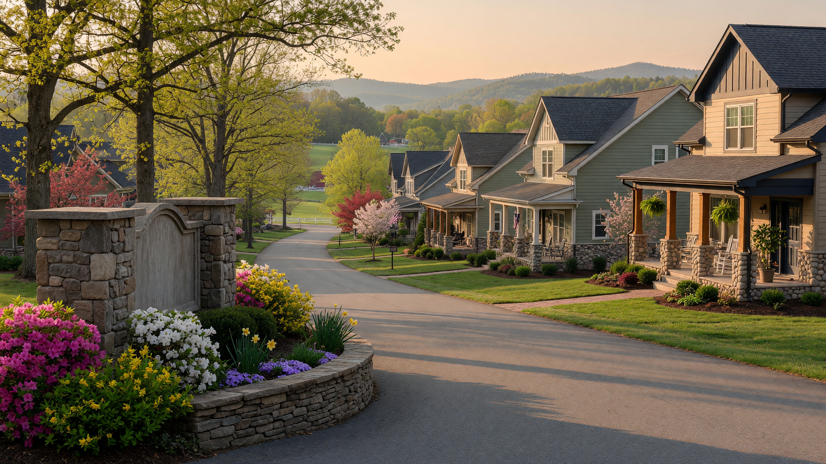 Estates at Chancellorsville community entrance in Spotsylvania County Virginia — craftsman-style homes, mature oak trees, and manicured landscaping on quiet tree-lined streets near the historic Chancellorsville Battlefield