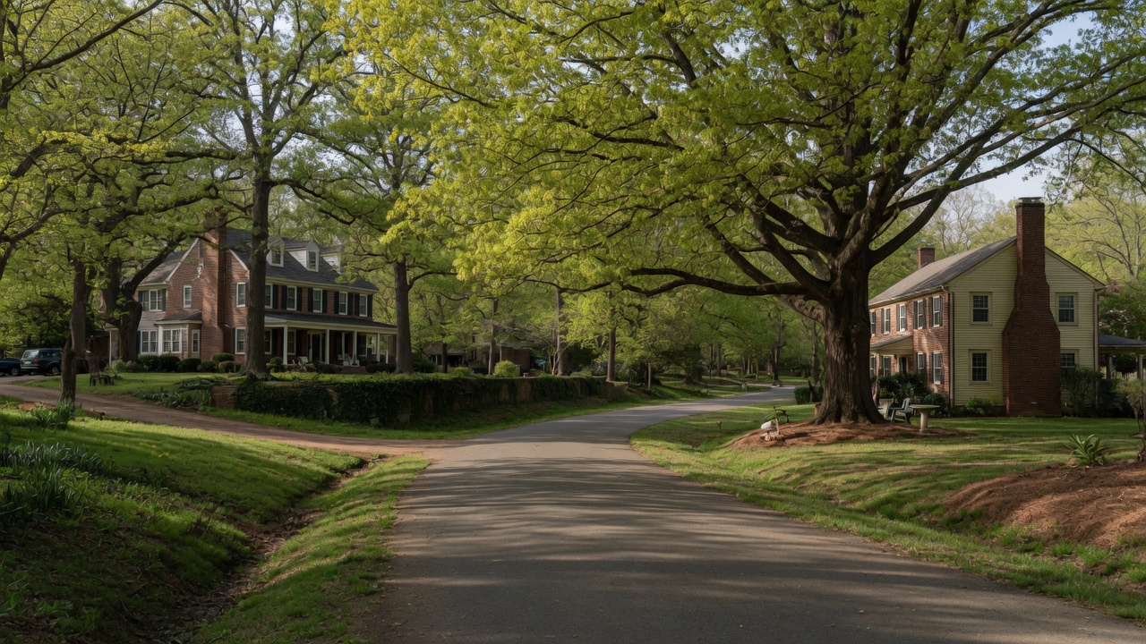 Wilderness Run established neighborhood in Locust Grove Virginia — spacious homes on large wooded lots, mature oak and maple trees, peaceful residential streets in Orange County