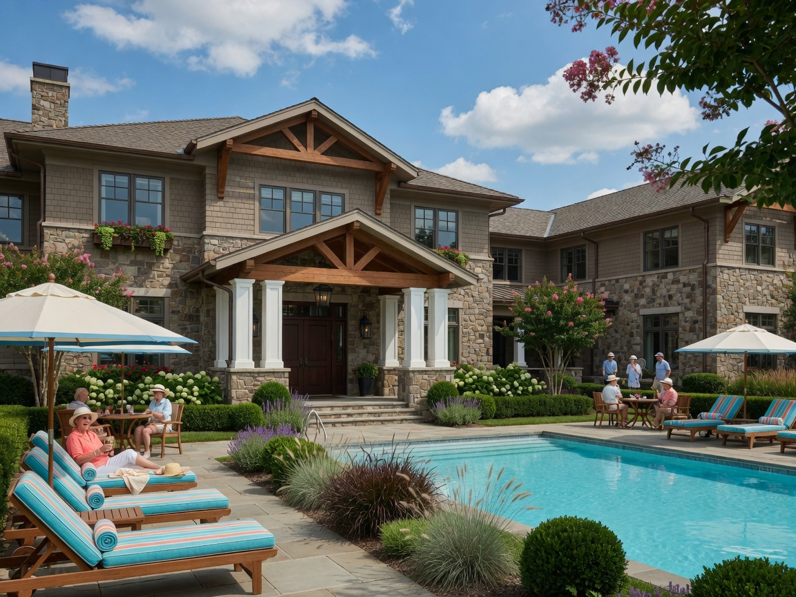 The Regency Club clubhouse at Regency at Chancellorsville Spotsylvania Virginia — 5,000 sq ft resort-style facility with stone and siding craftsman architecture, swimming pool, lounge deck, and manicured landscaping in a gated Toll Brothers 55+ community