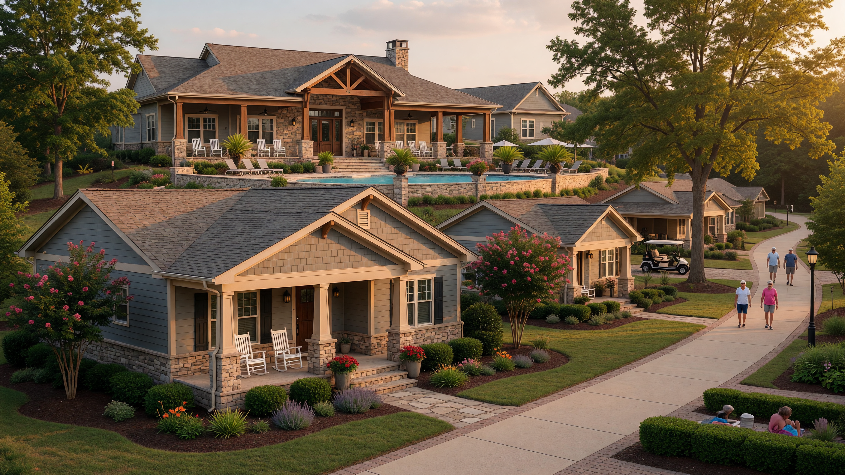 Celebrate Virginia North by Del Webb in Stafford County Virginia — resort-style 55+ active adult community with single-level craftsman homes, manicured landscaping, and a 30,000+ square foot clubhouse with indoor and outdoor pools