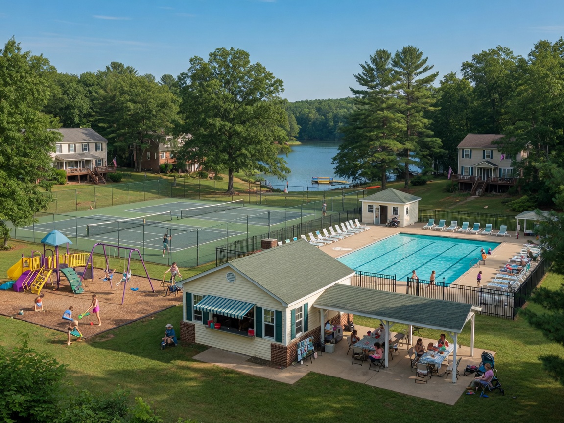 Lake Wilderness community clubhouse and pool in Spotsylvania Virginia — outdoor swimming pool with lounge chairs, picnic pavilion, tennis courts, and playground surrounded by mature trees in a welcoming lake neighborhood