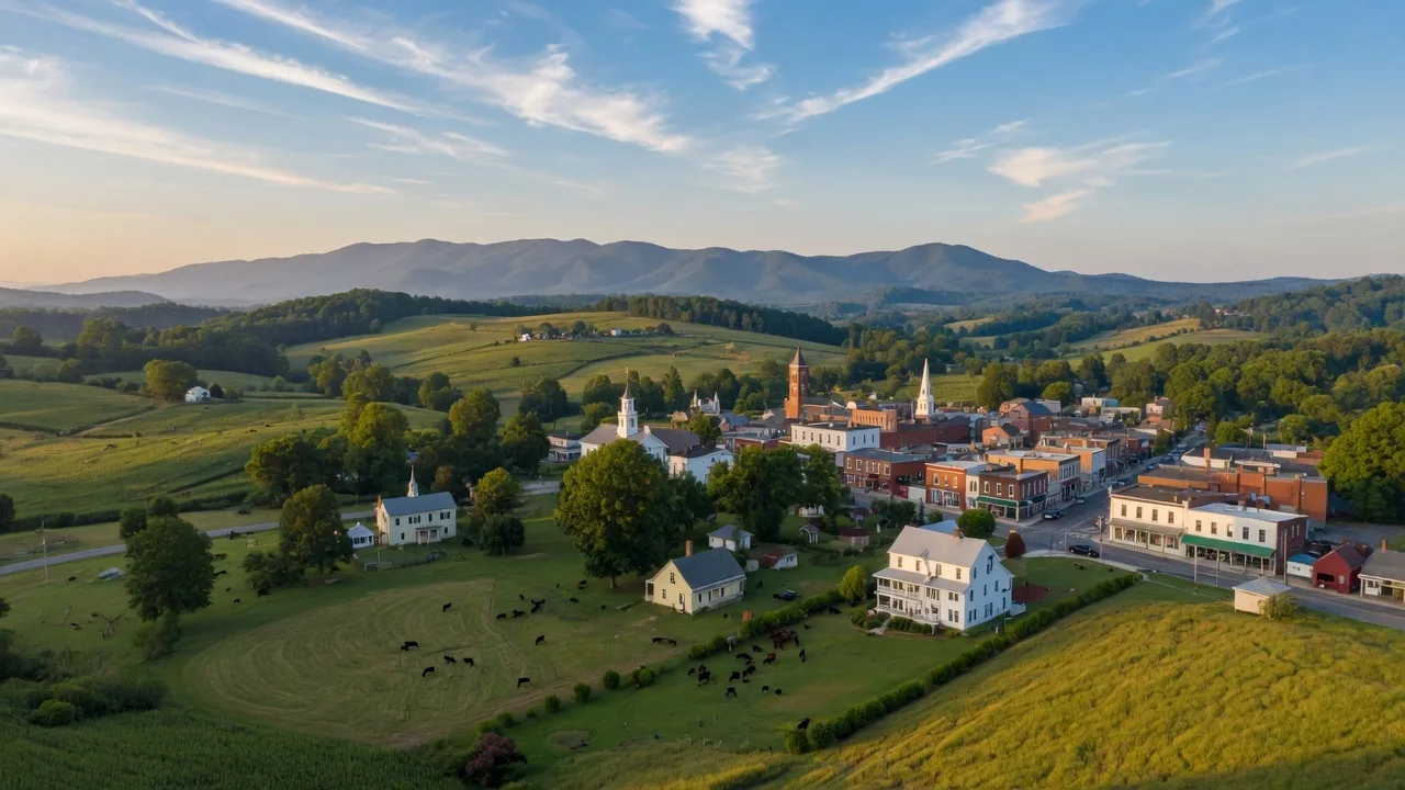 Scenic view of Culpeper County Virginia rolling hills and historic downtown on a summer morning