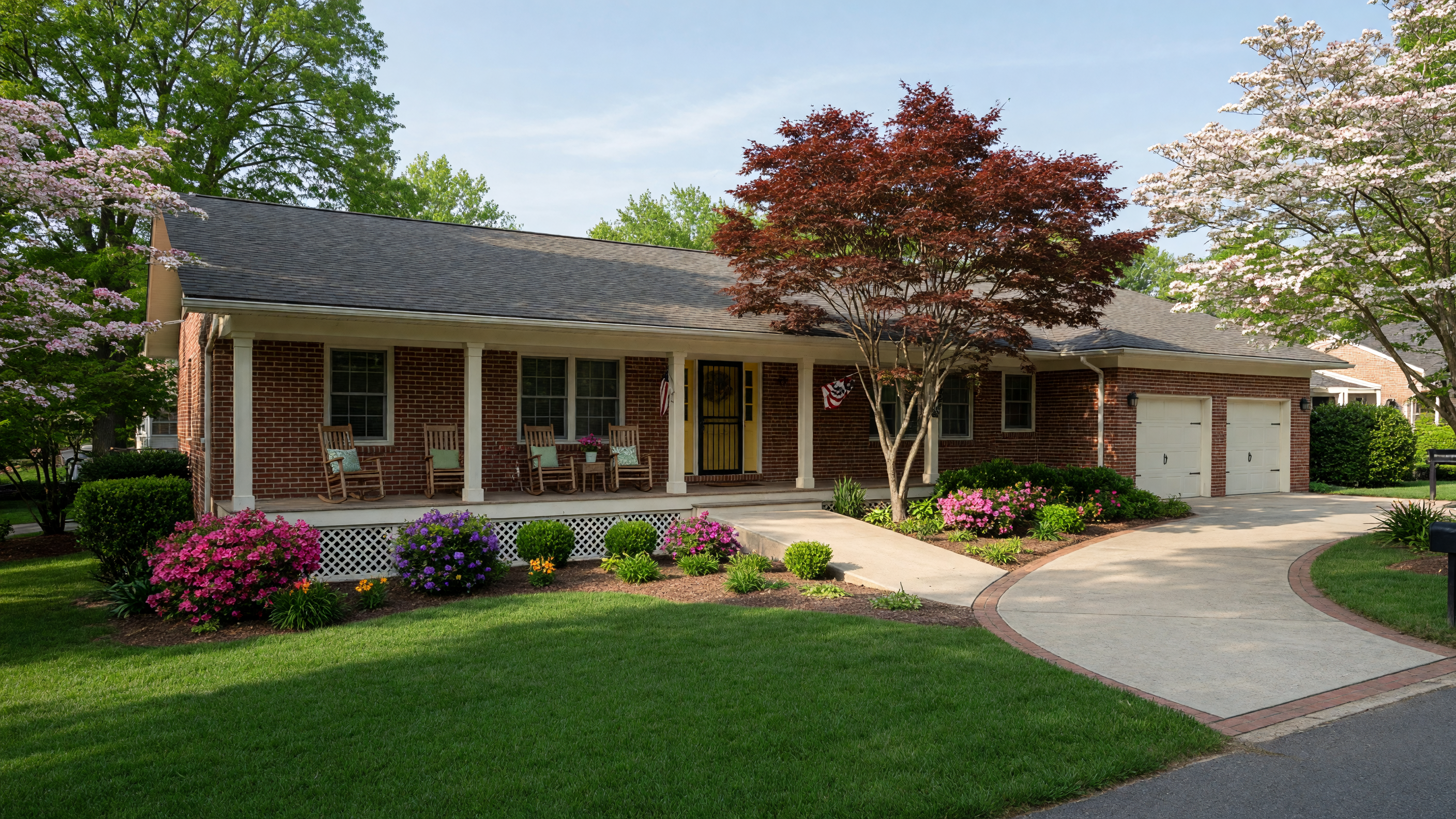 Beautiful single-story ranch-style home with wide front porch in Virginia
