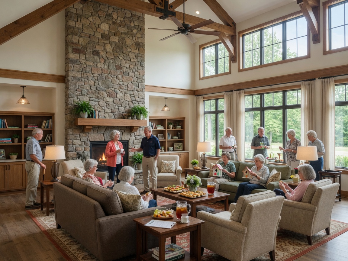 Interior of the Riverside Lodge clubhouse at Celebrate Virginia North Stafford Virginia — bright great room with fireplace, lounge seating, and natural light in a Del Webb 55+ active adult community