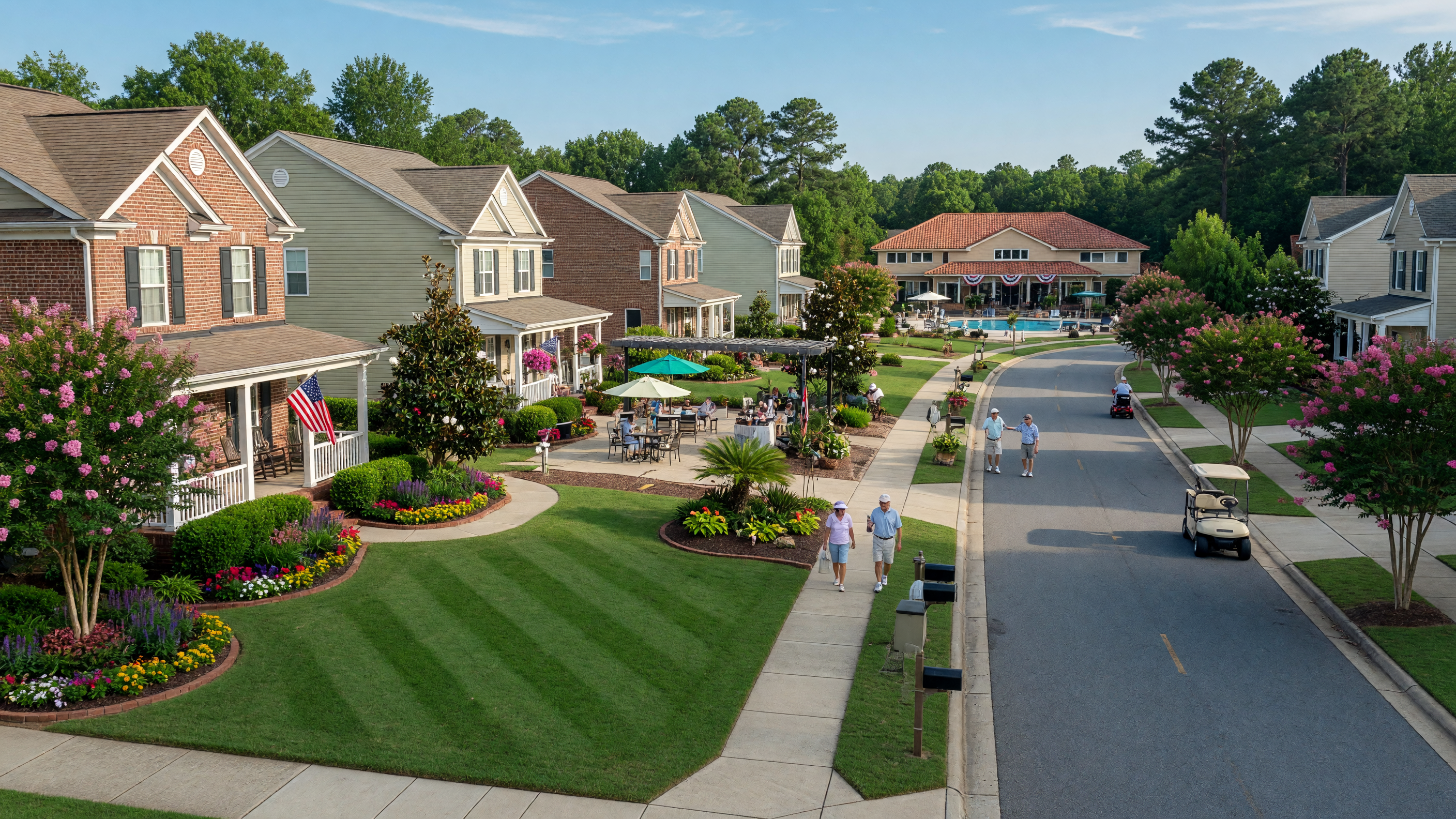 Active adult 55+ community neighborhood with single-story homes and resort clubhouse in Virginia