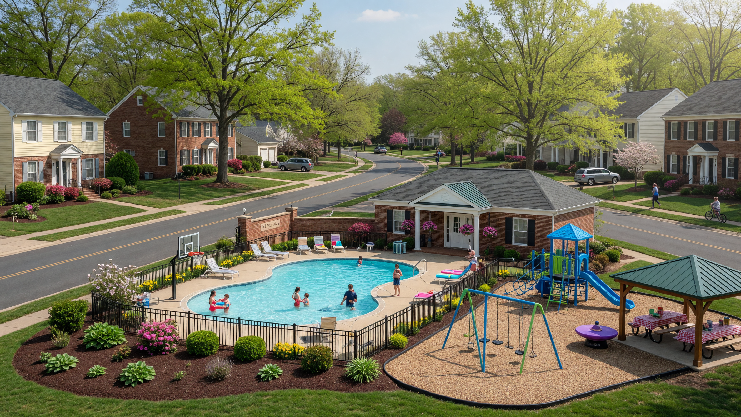 Holleybrooke neighborhood in Spotsylvania County Virginia — quiet established community with traditional single-family homes, community pool, updated playground, and mature shade trees
