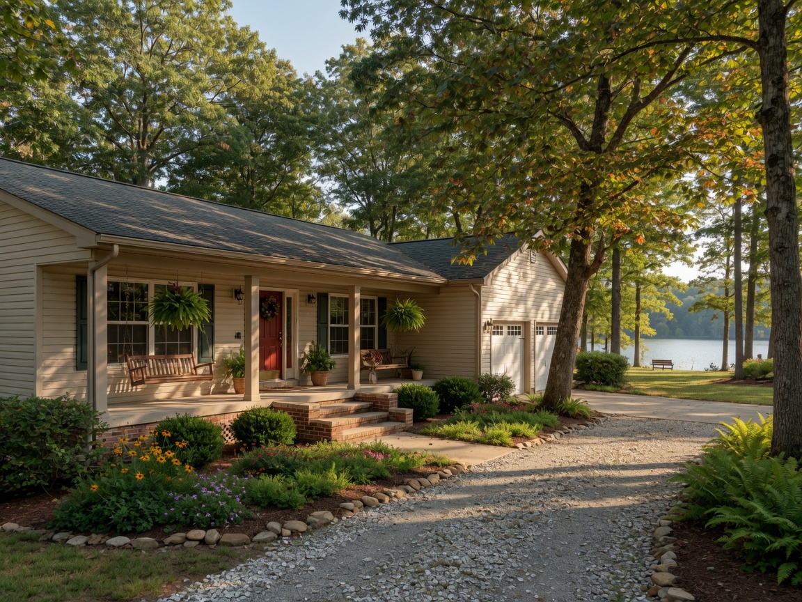 Single-level ranch-style home on a wooded lot in Lake Wilderness Spotsylvania Virginia — covered front porch, mature native landscaping, two-car garage, with lake access through the trees in an established peaceful neighborhood
