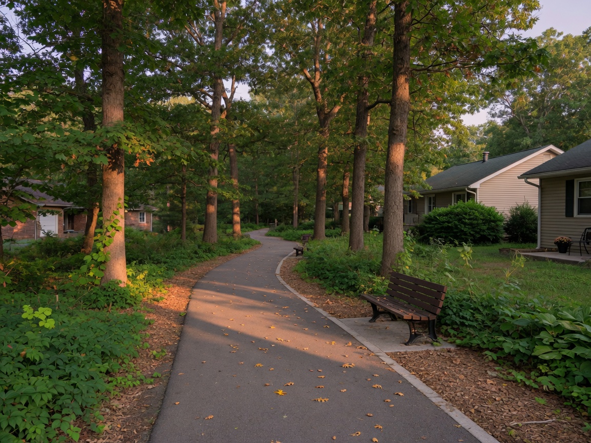 Paved walking trail winding through mature trees in Falls Run Stafford Virginia — dappled sunlight, benches, peaceful setting in an established Del Webb 55+ active adult community