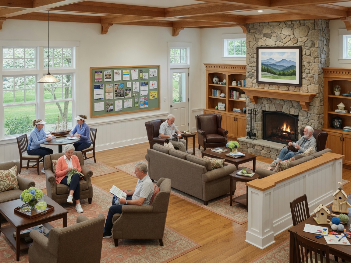Clubhouse interior at Barley Woods Fredericksburg Virginia — welcoming lounge with fireplace, comfortable seating, natural light, and activity boards in a boutique Cornerstone Homes 55+ active adult community