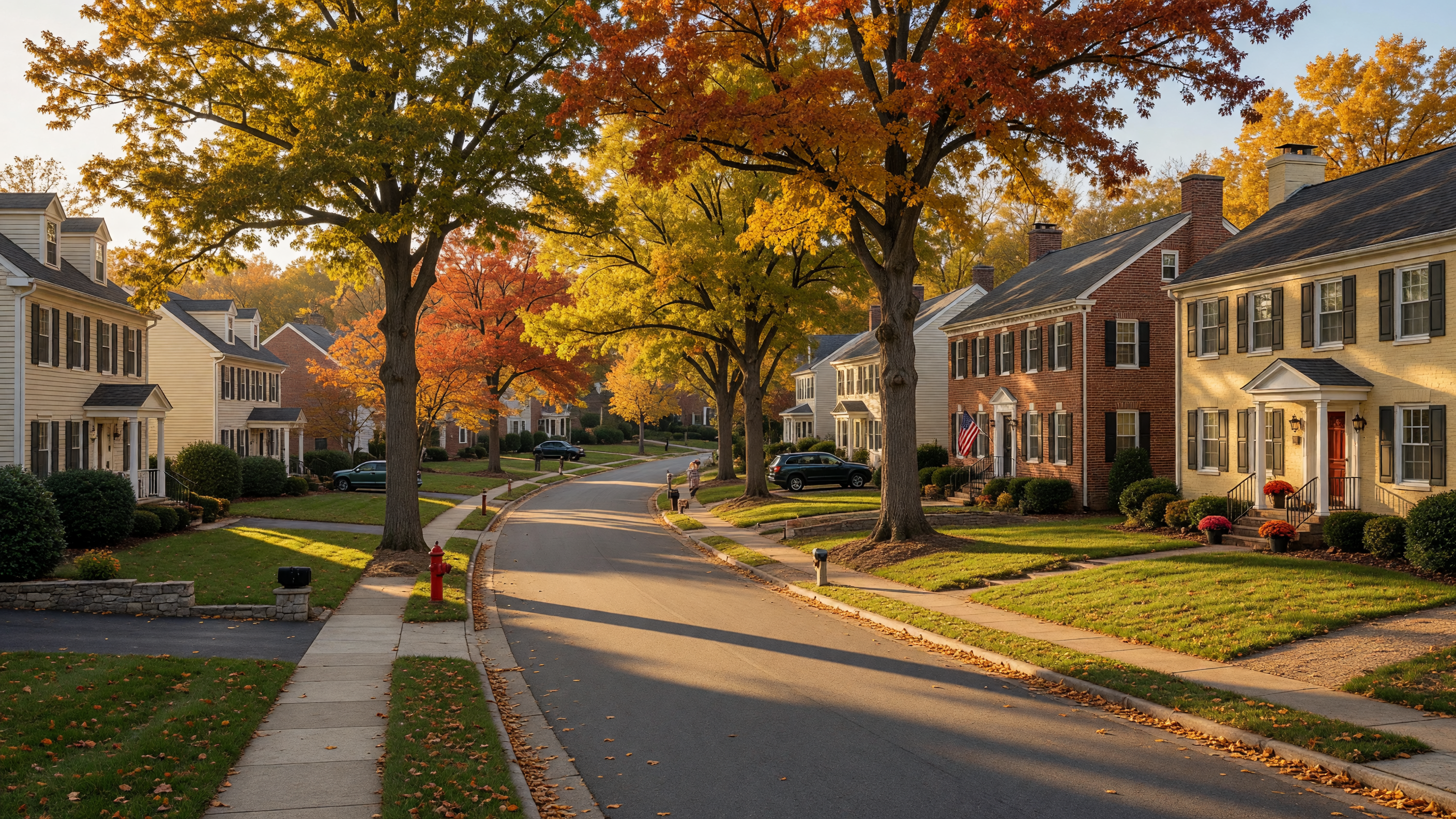 Potomac Hills townhome community in North Stafford Virginia — tree-lined streets, well-maintained multi-level townhomes, and manicured landscaping in an established residential neighborhood