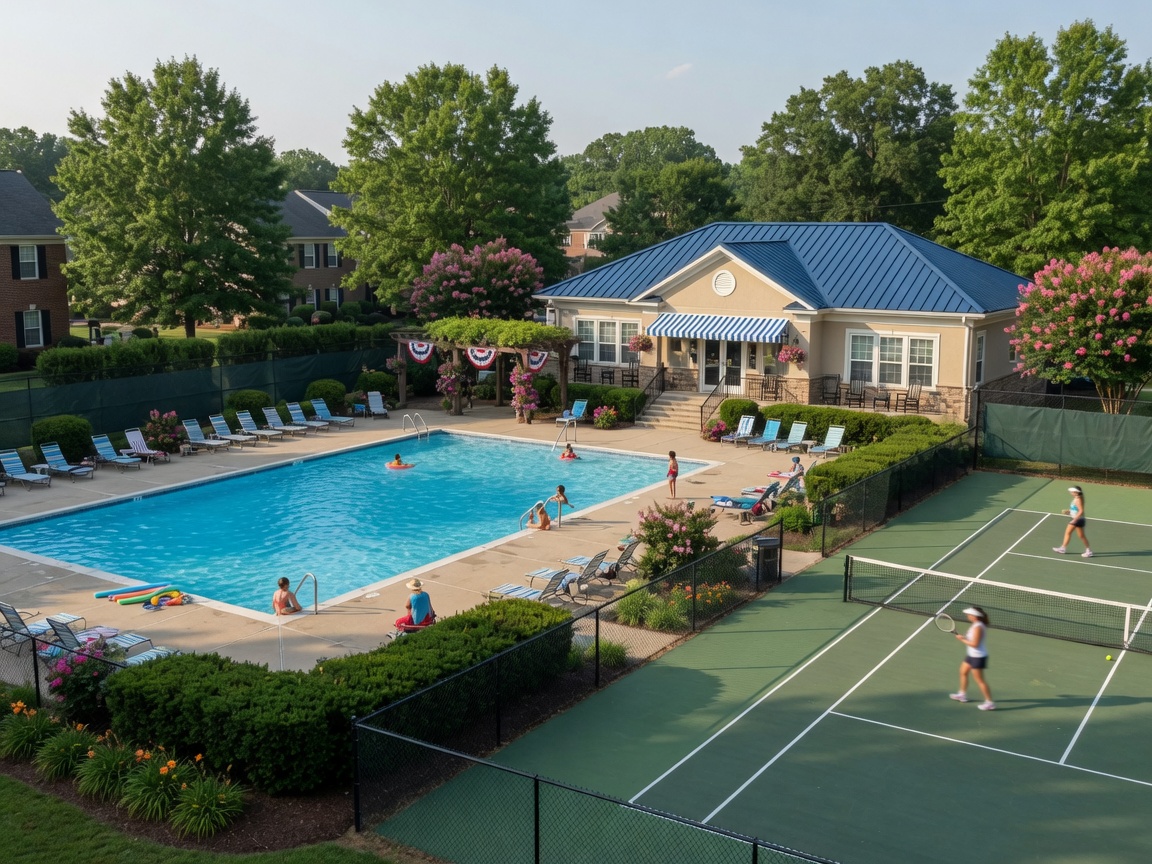 Augustine North Stafford Virginia community pool and tennis courts with clubhouse — resort-style amenities surrounded by mature trees and lush landscaping